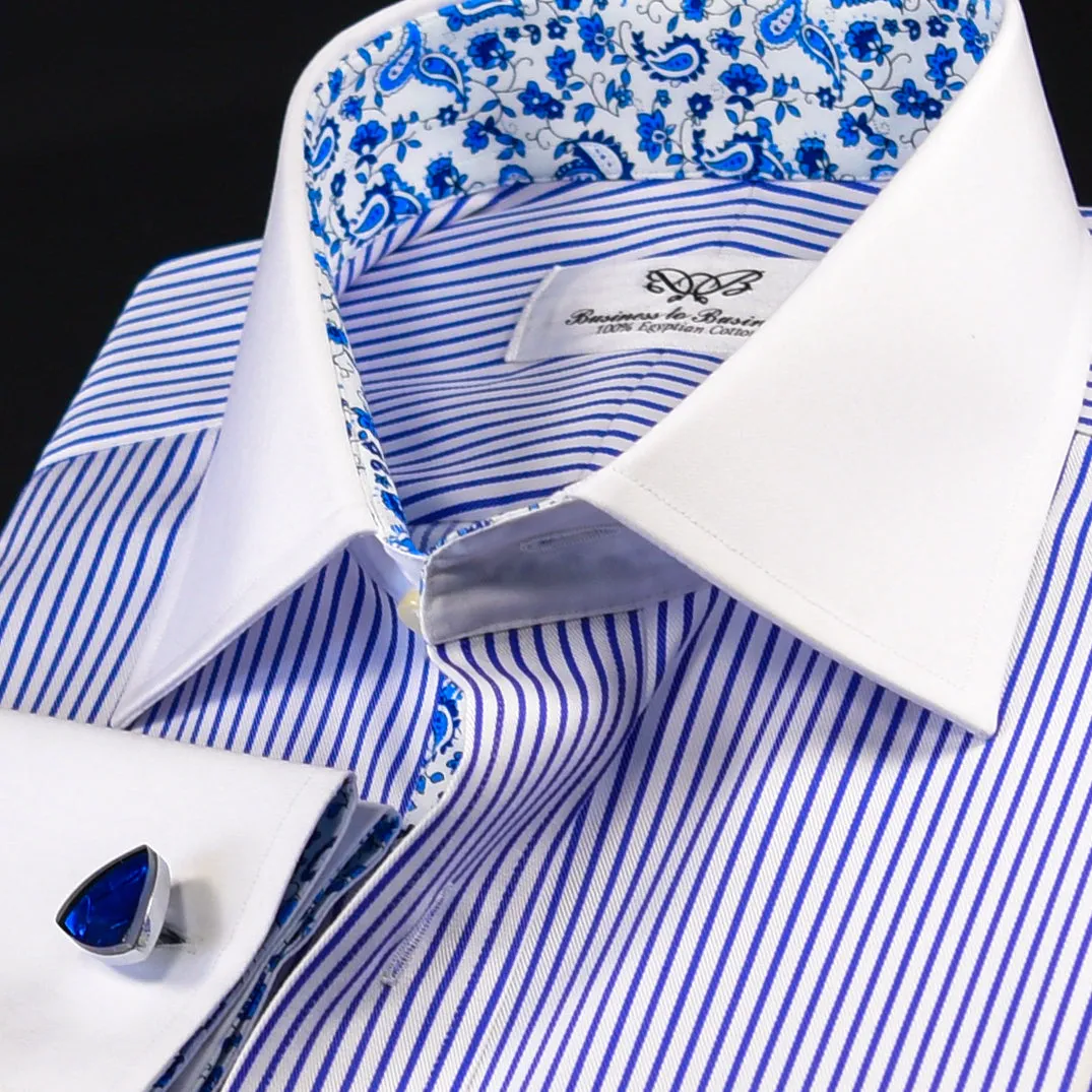 B2B Blue Stripe White Cuff & Collar Formal Business Dress Shirt Designer Luxury Fashion