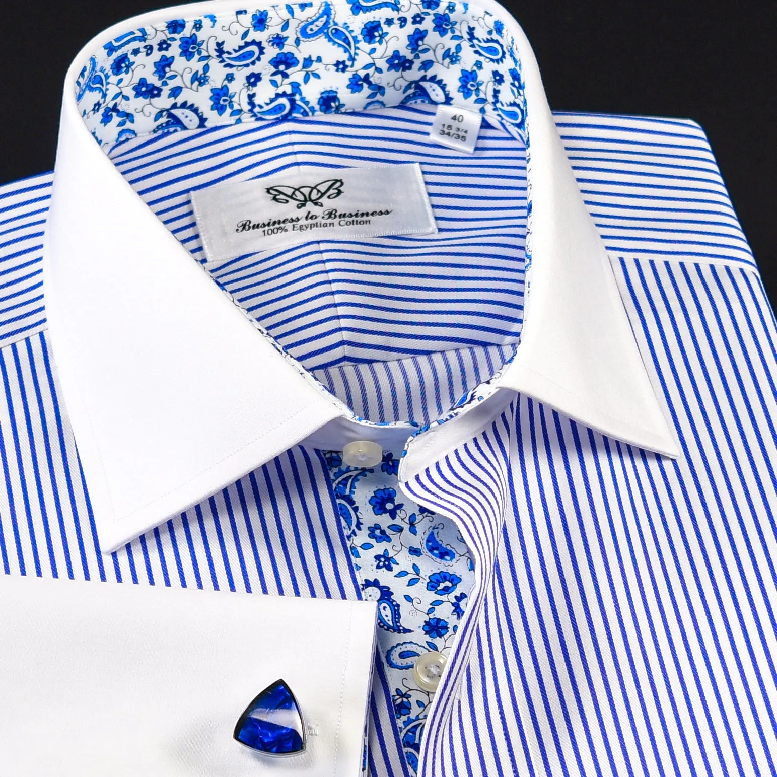 B2B Blue Stripe White Cuff & Collar Formal Business Dress Shirt Designer Luxury Fashion