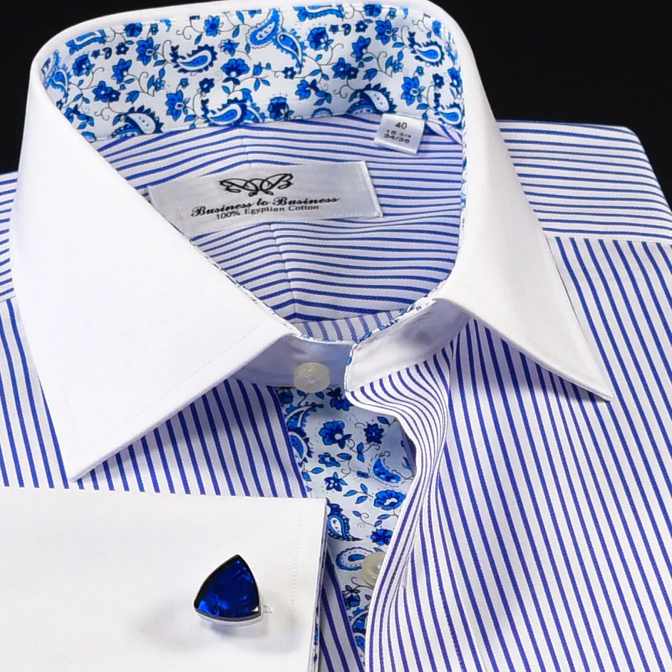 B2B Blue Stripe White Cuff & Collar Formal Business Dress Shirt Designer Luxury Fashion