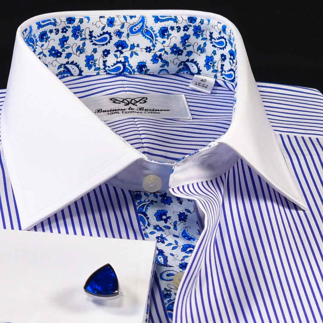 B2B Blue Stripe White Cuff & Collar Formal Business Dress Shirt Designer Luxury Fashion