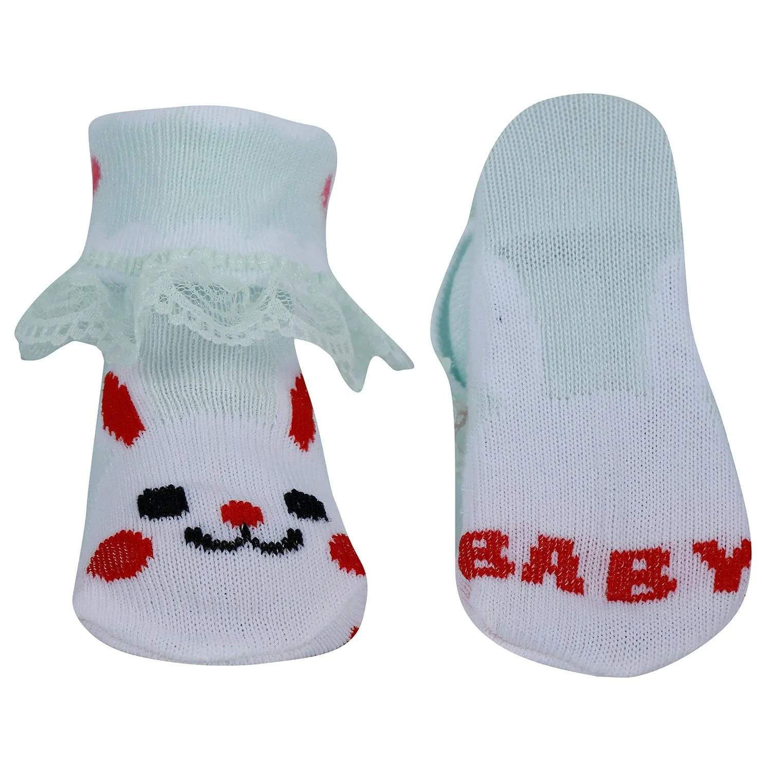 Baby Moo Heart Print Soft Lace Socks Pack of 3 - Pink, Mint Green