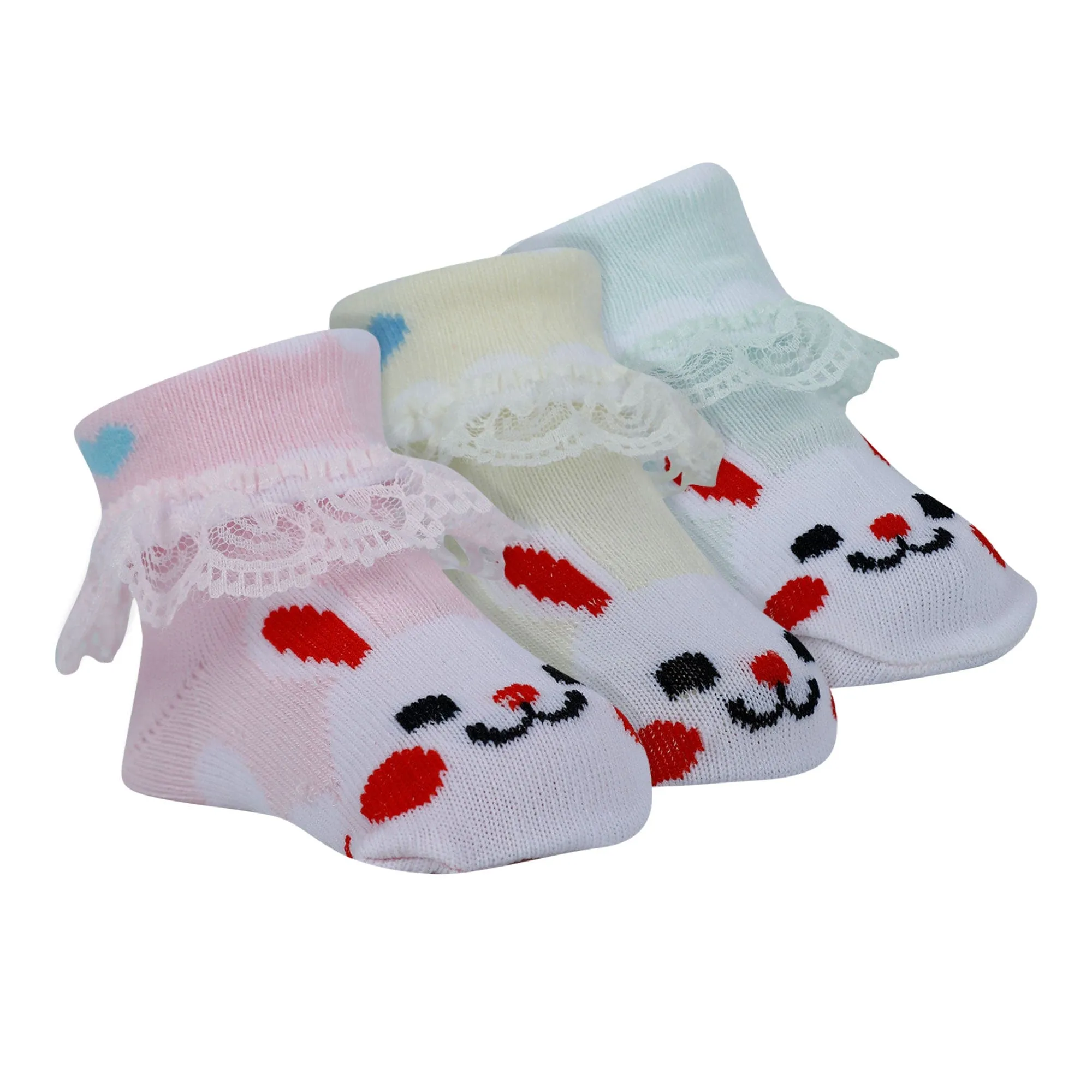 Baby Moo Heart Print Soft Lace Socks Pack of 3 - Pink, Mint Green