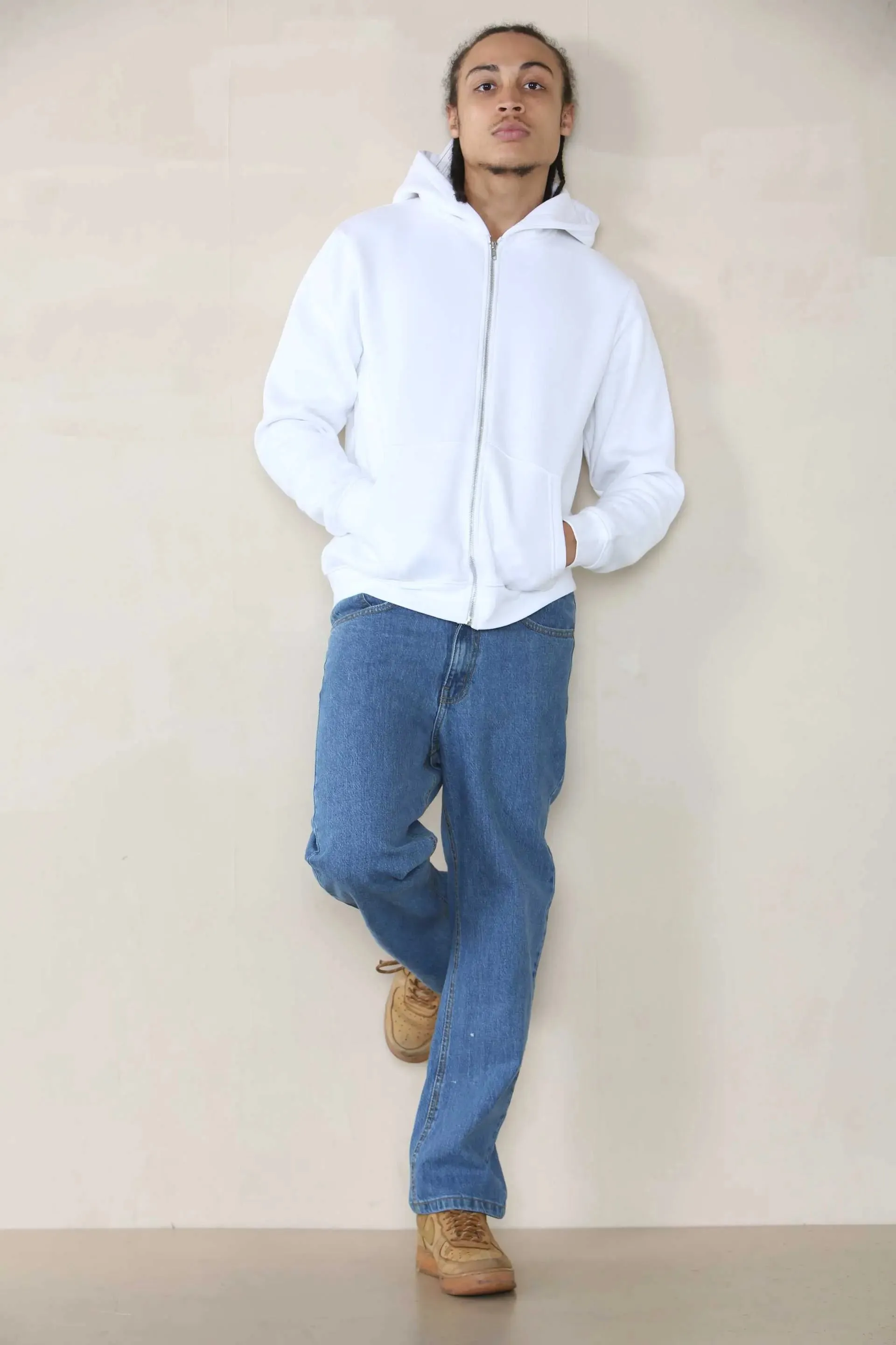 Basic Zip Through Hoodie - White For Men