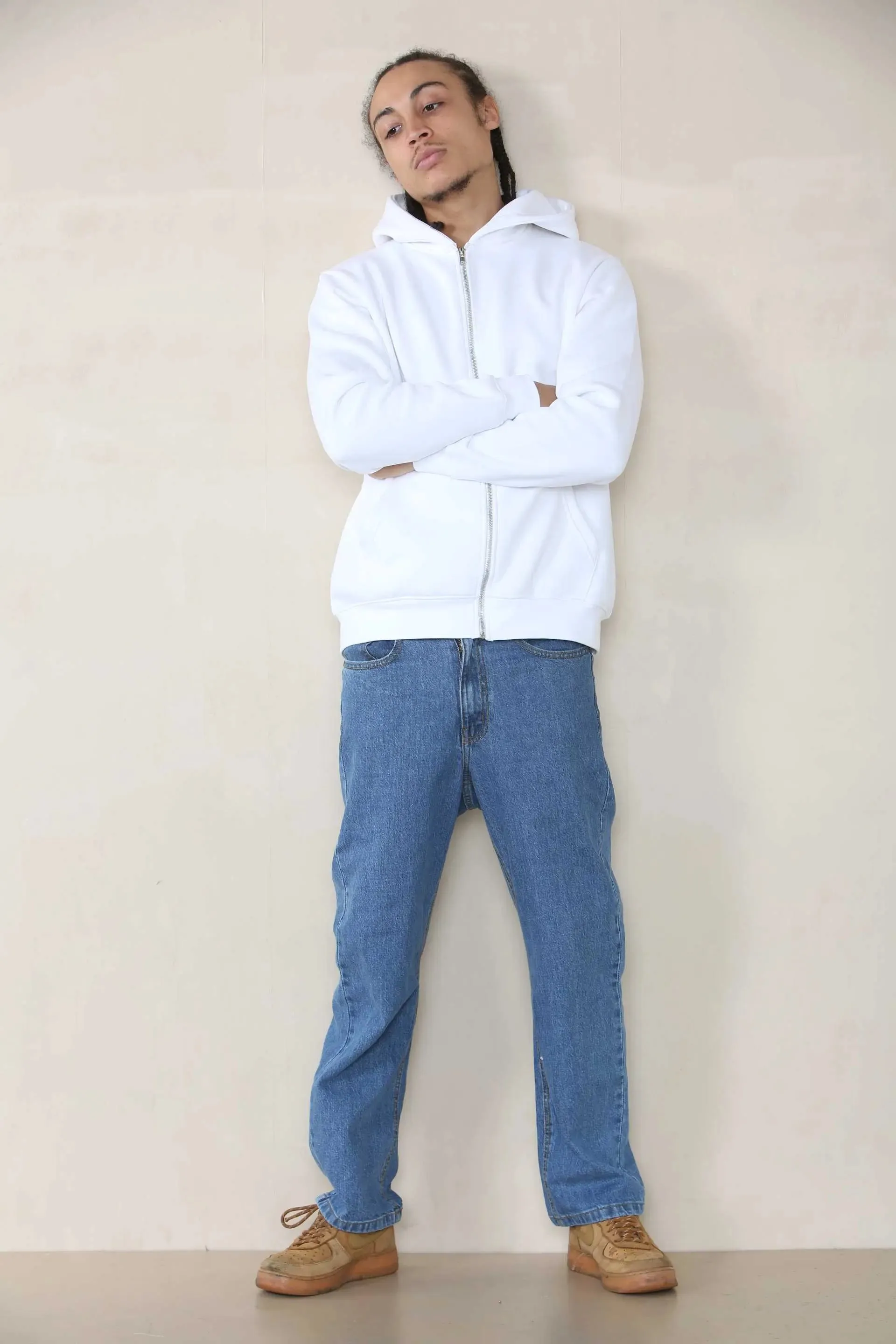 Basic Zip Through Hoodie - White For Men