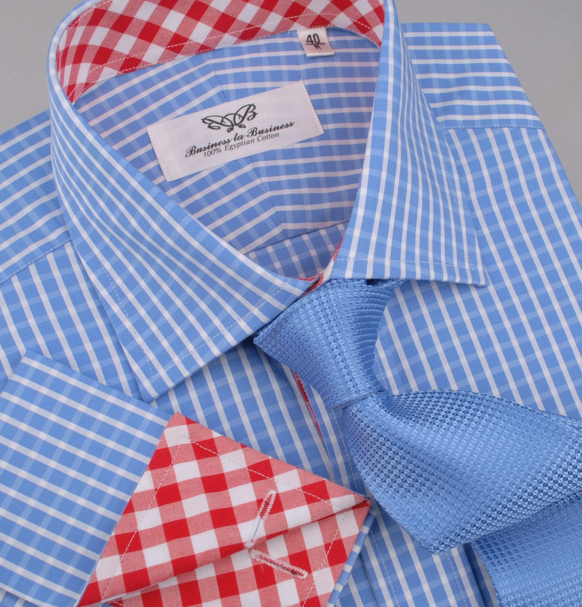 Blue Designer Gingham Check Formal Business Dress Shirt Red Checkered Fashion