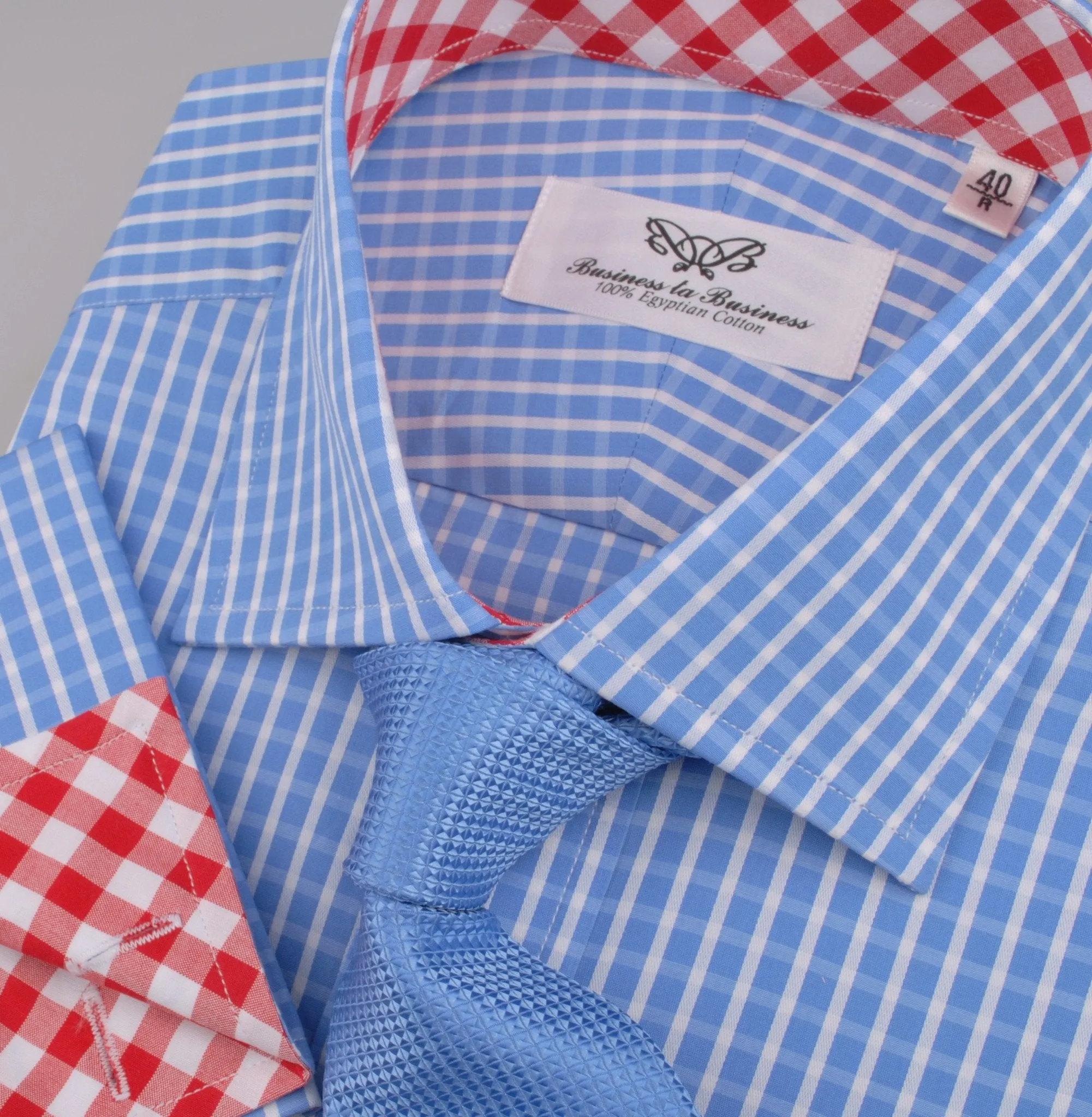 Blue Designer Gingham Check Formal Business Dress Shirt Red Checkered Fashion