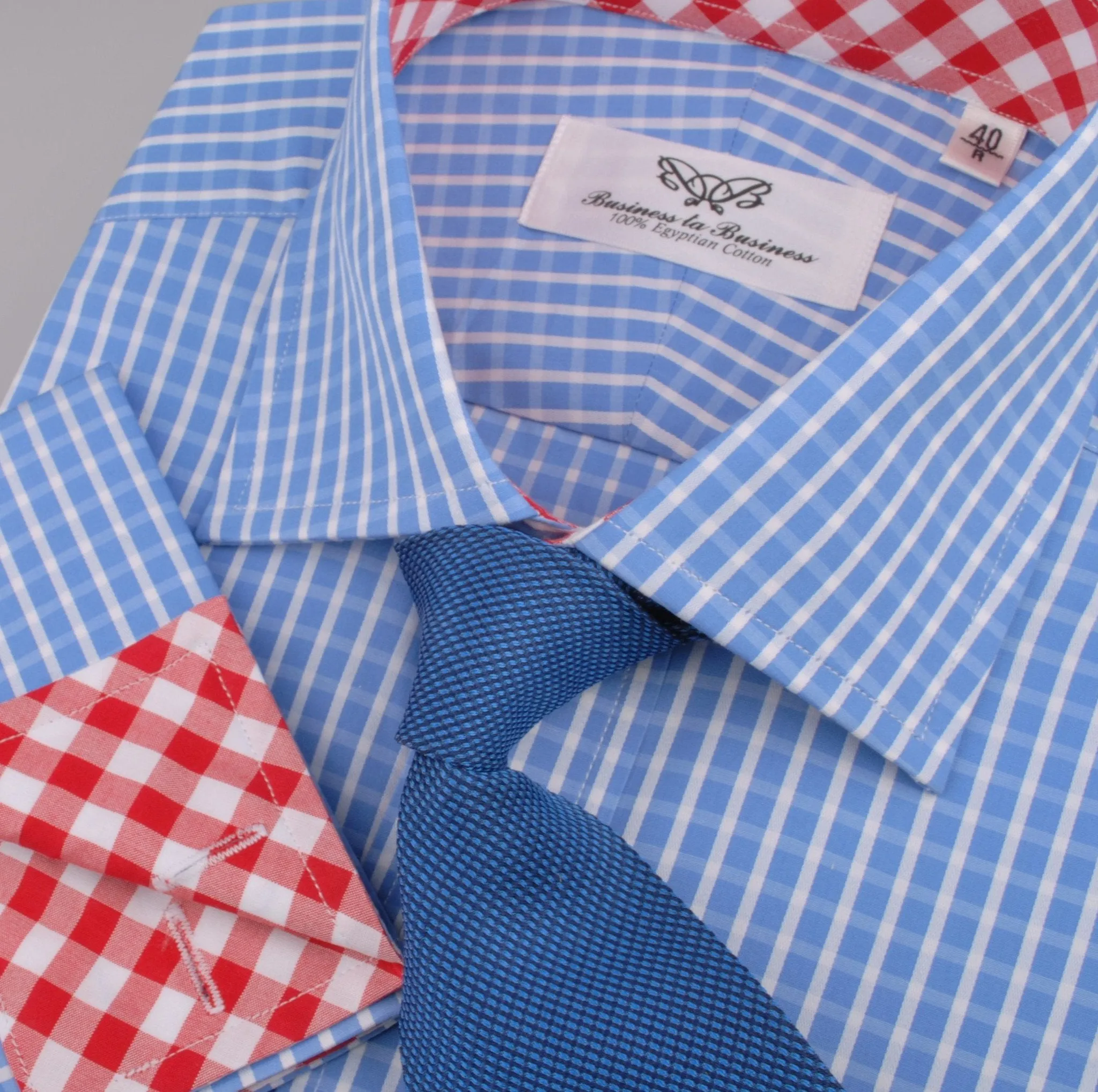 Blue Designer Gingham Check Formal Business Dress Shirt Red Checkered Fashion