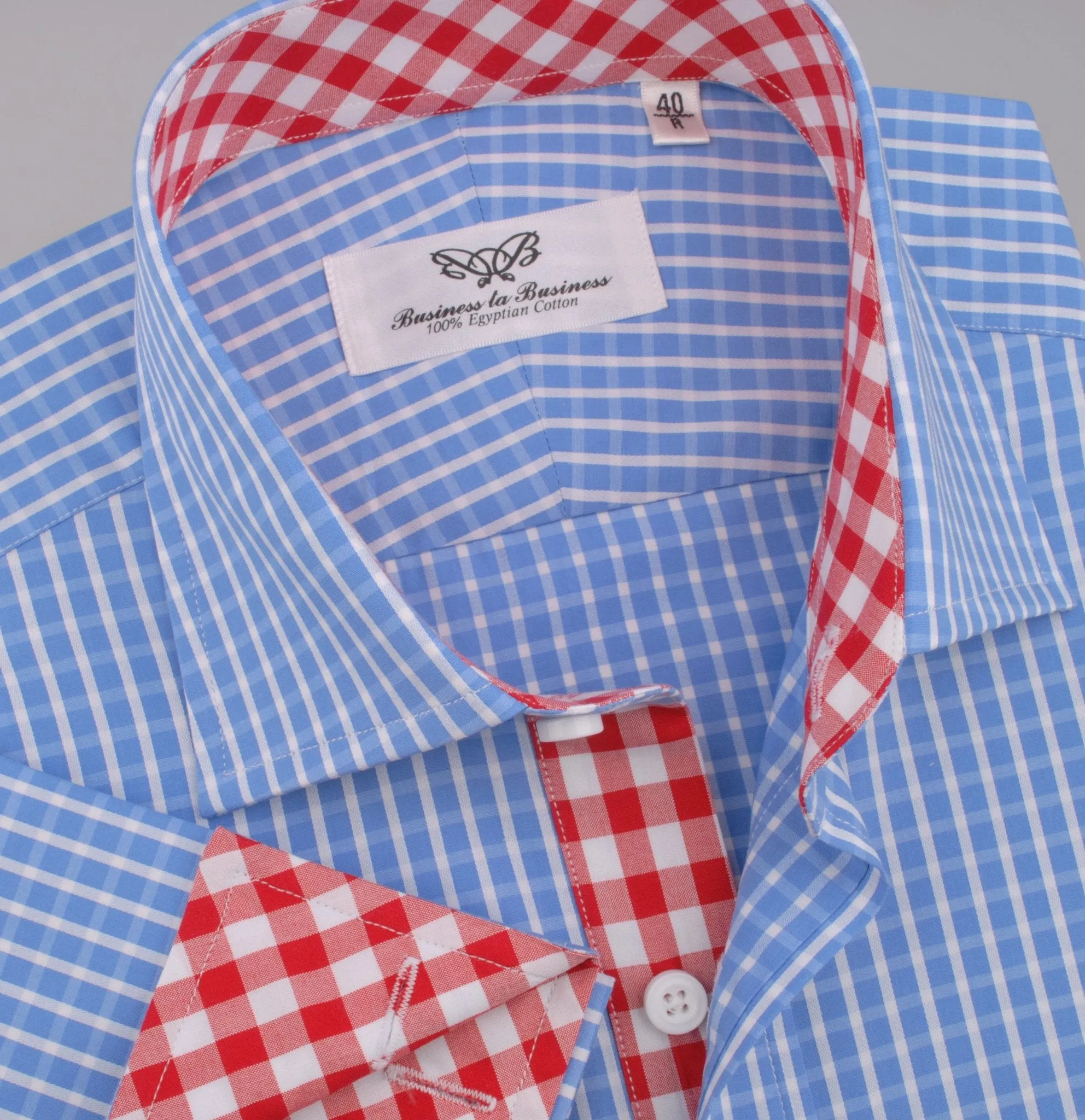 Blue Designer Gingham Check Formal Business Dress Shirt Red Checkered Fashion