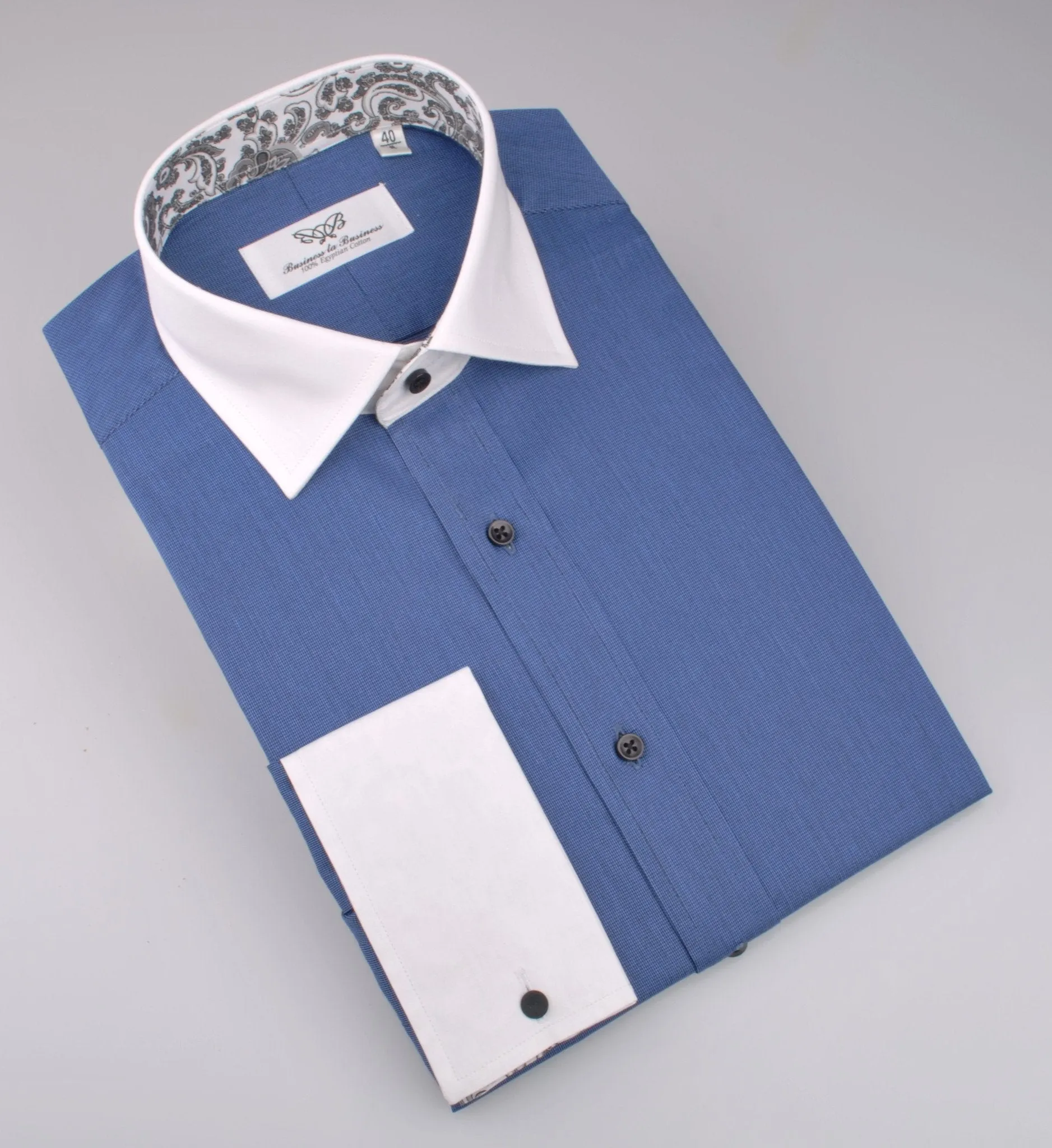 Blue Formal Business Dress Shirt Rich Contrast French Boss Cuff Baroque Apparel