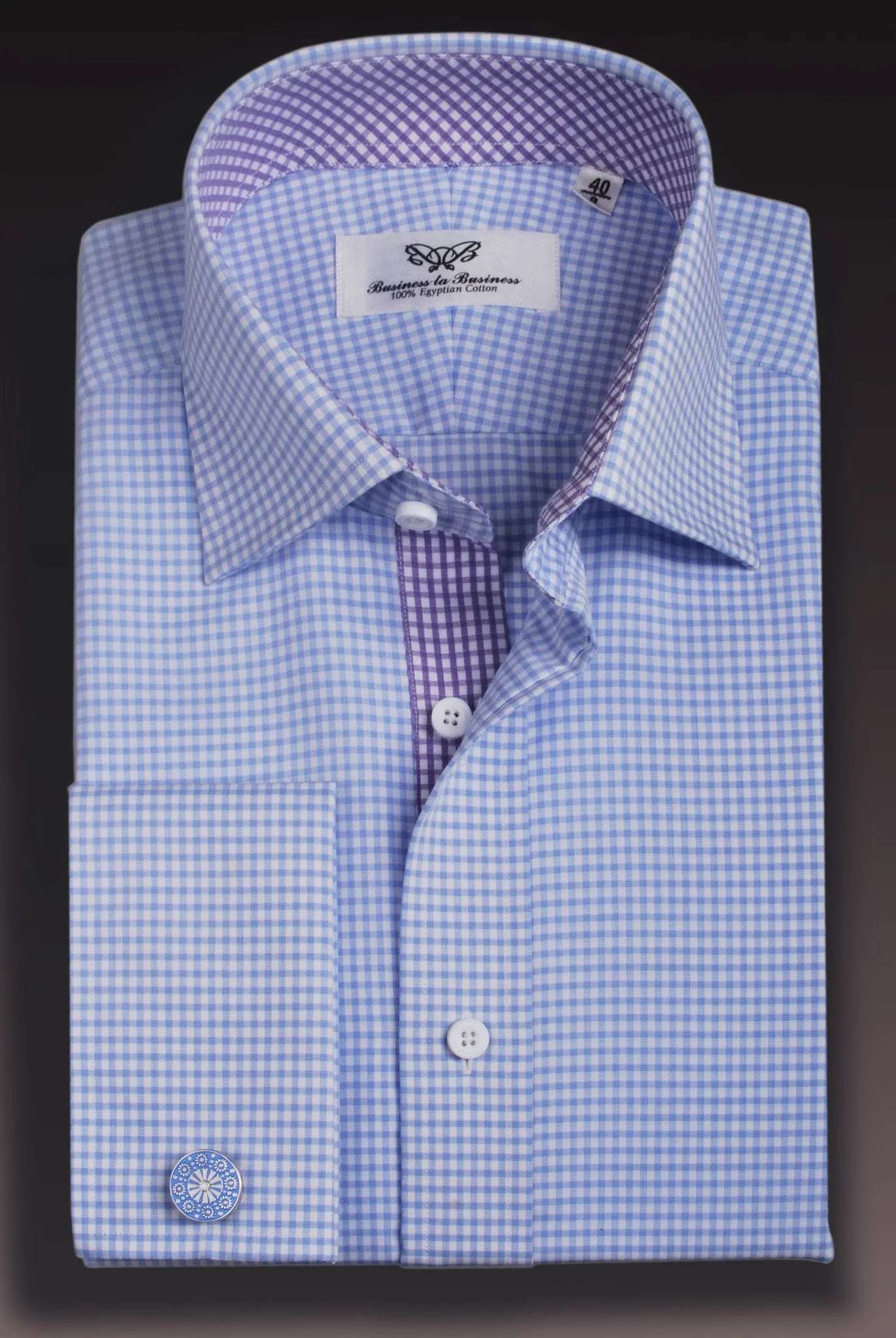 Blue Gingham Check Formal Business Dress Shirt Purple Diagonal Fashion