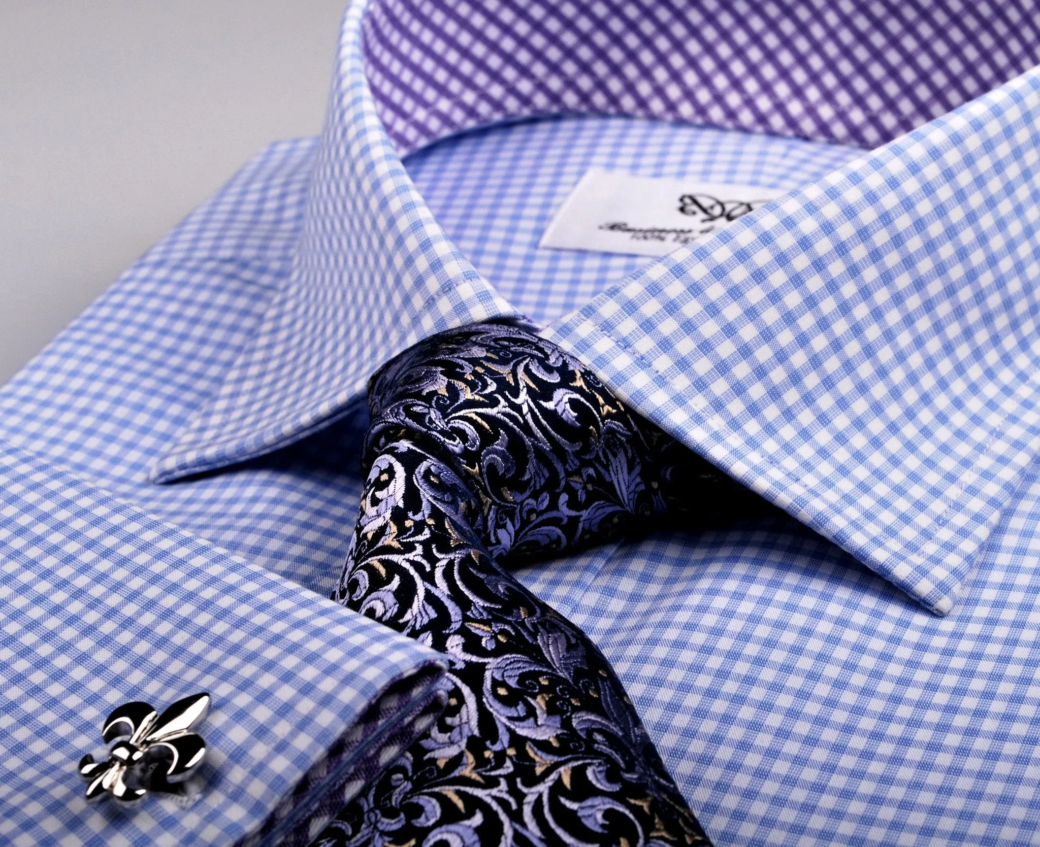 Blue Gingham Check Formal Business Dress Shirt Purple Diagonal Fashion