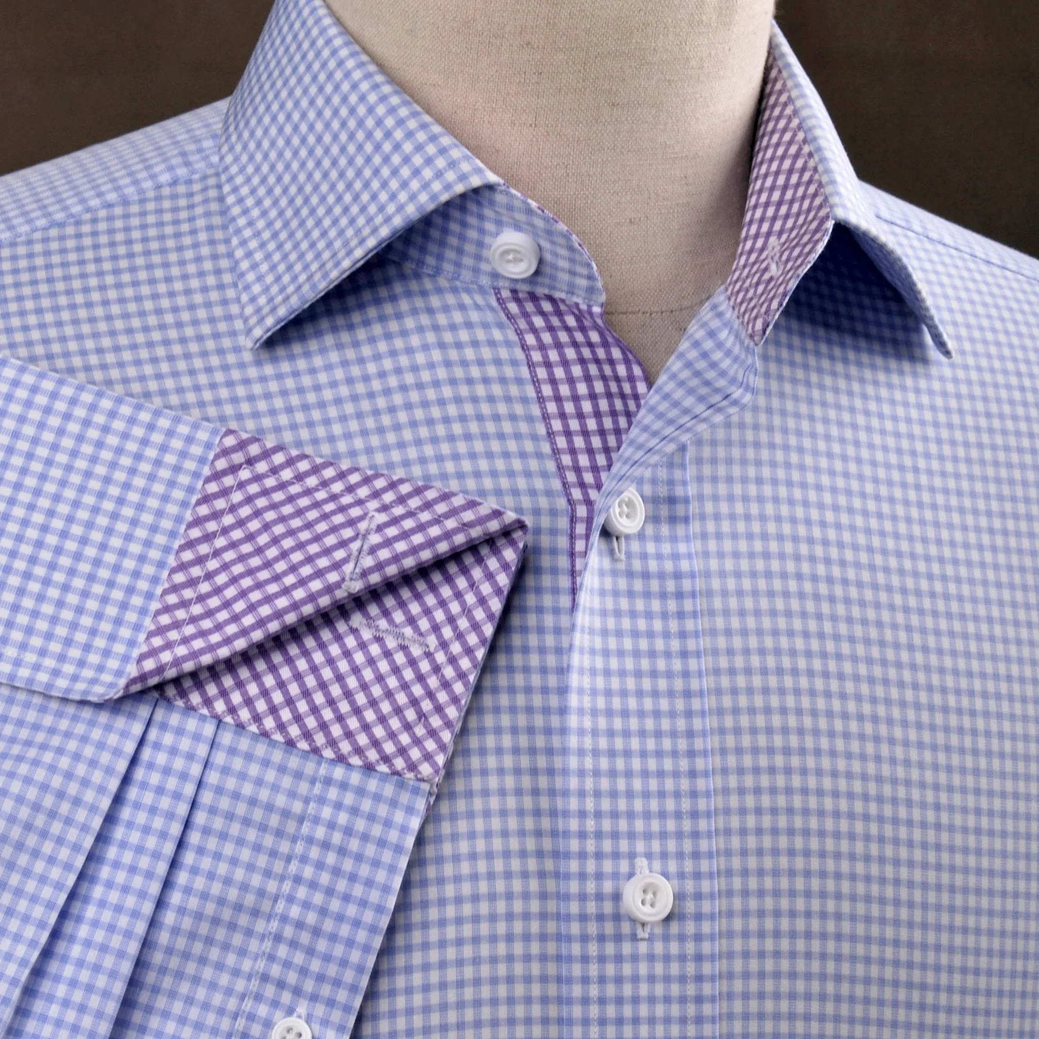 Blue Gingham Check Formal Business Dress Shirt Purple Diagonal Fashion