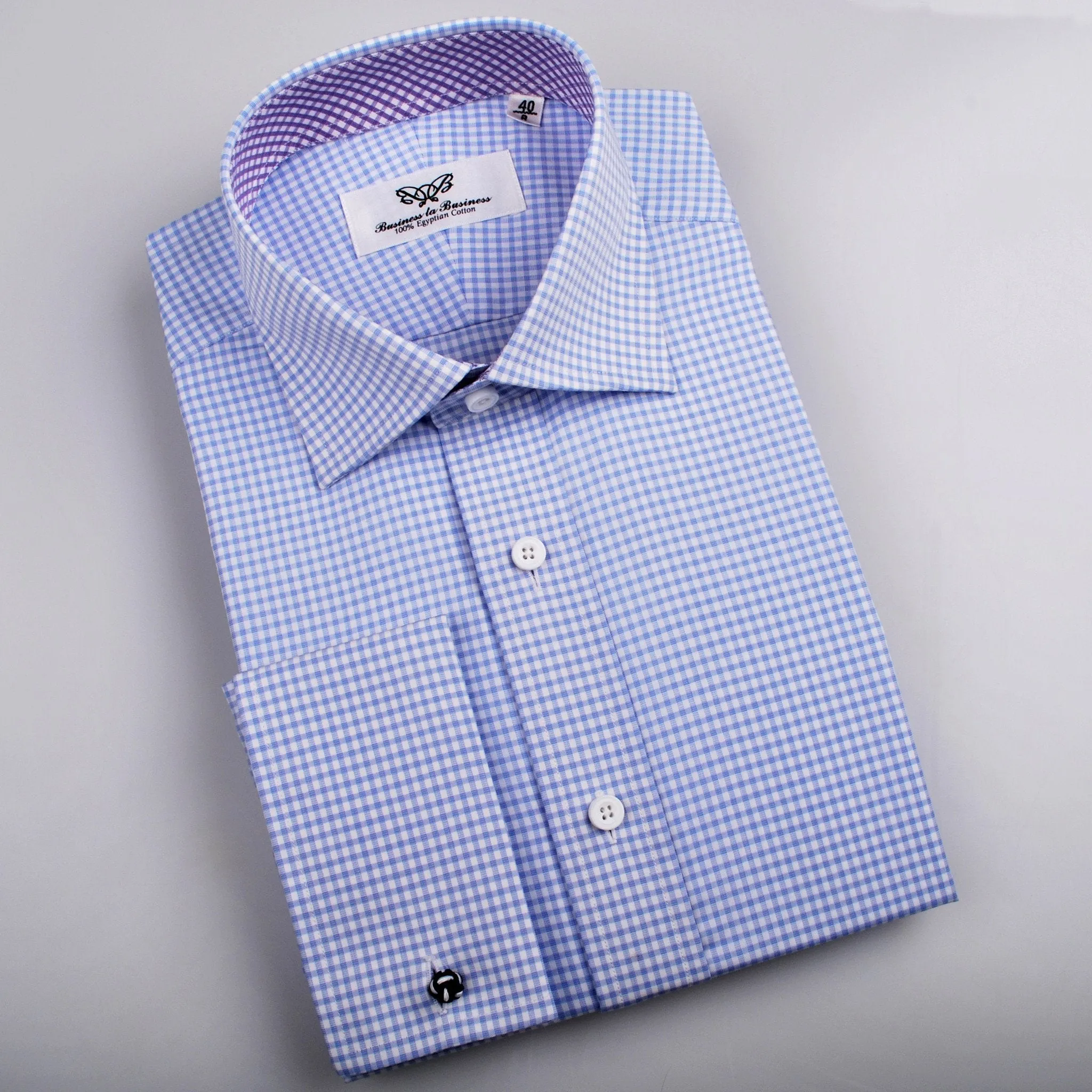 Blue Gingham Check Formal Business Dress Shirt Purple Diagonal Fashion