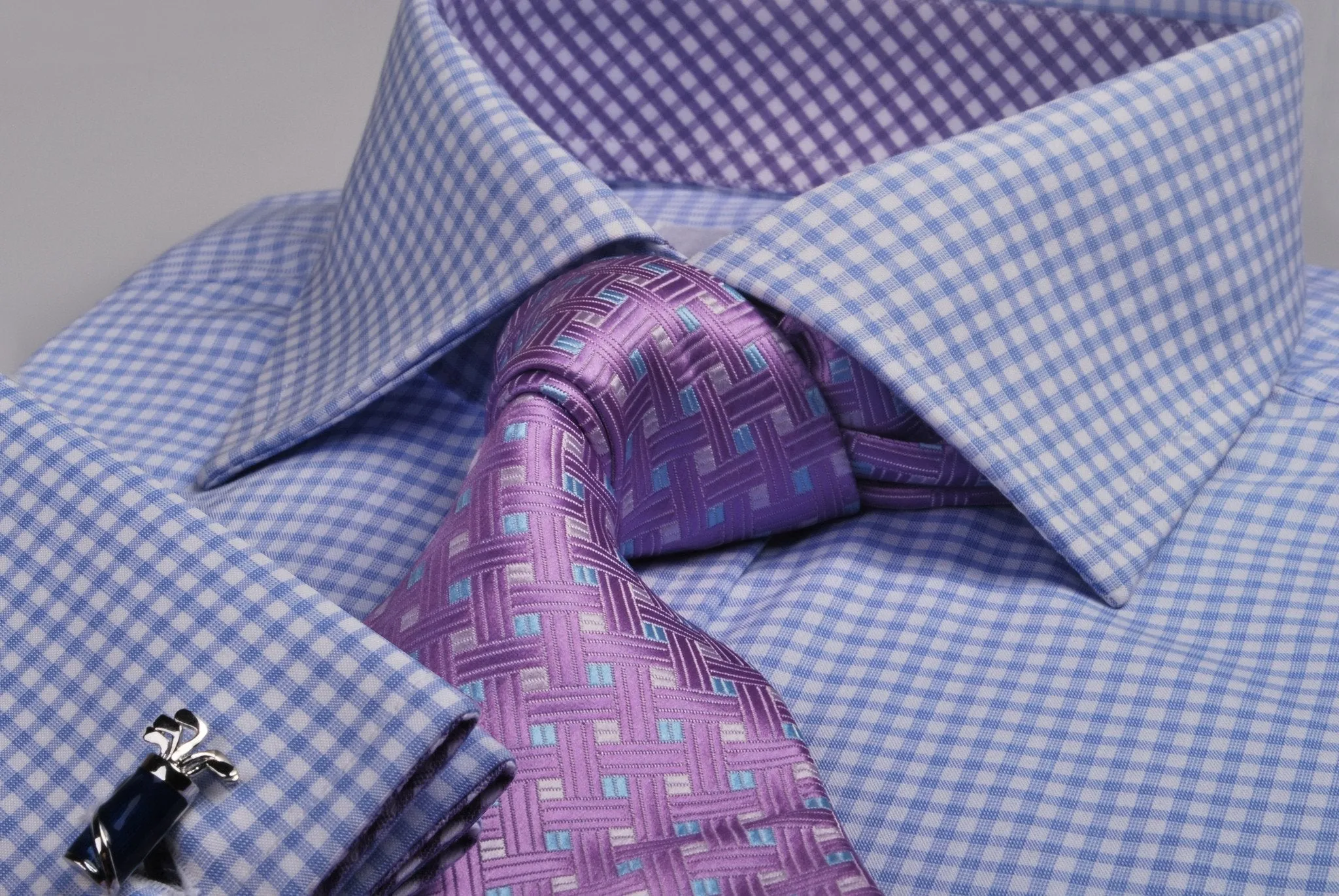 Blue Gingham Check Formal Business Dress Shirt Purple Diagonal Fashion