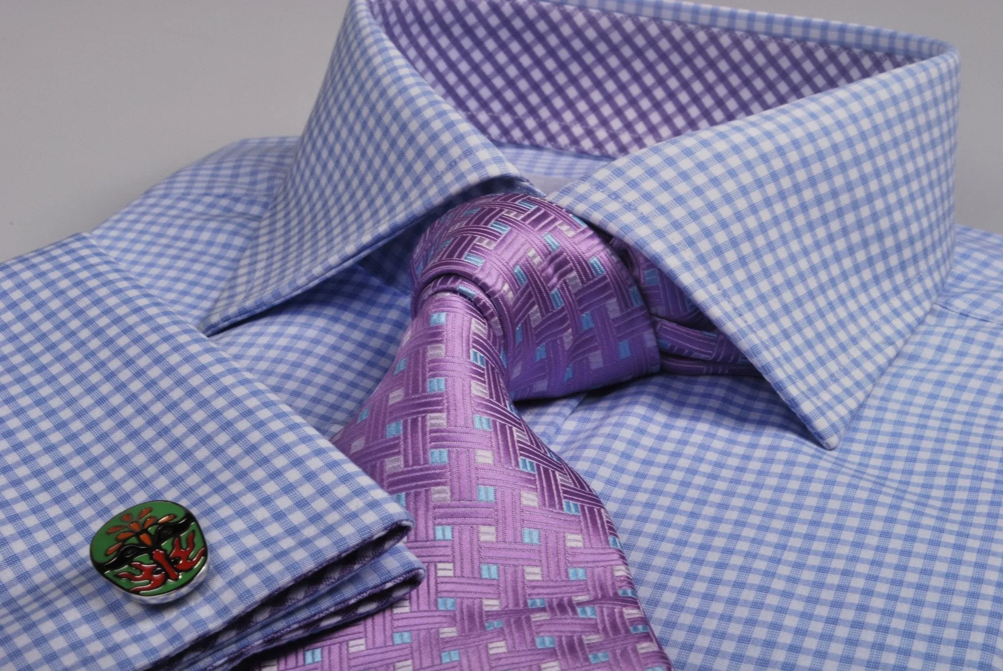 Blue Gingham Check Formal Business Dress Shirt Purple Diagonal Fashion