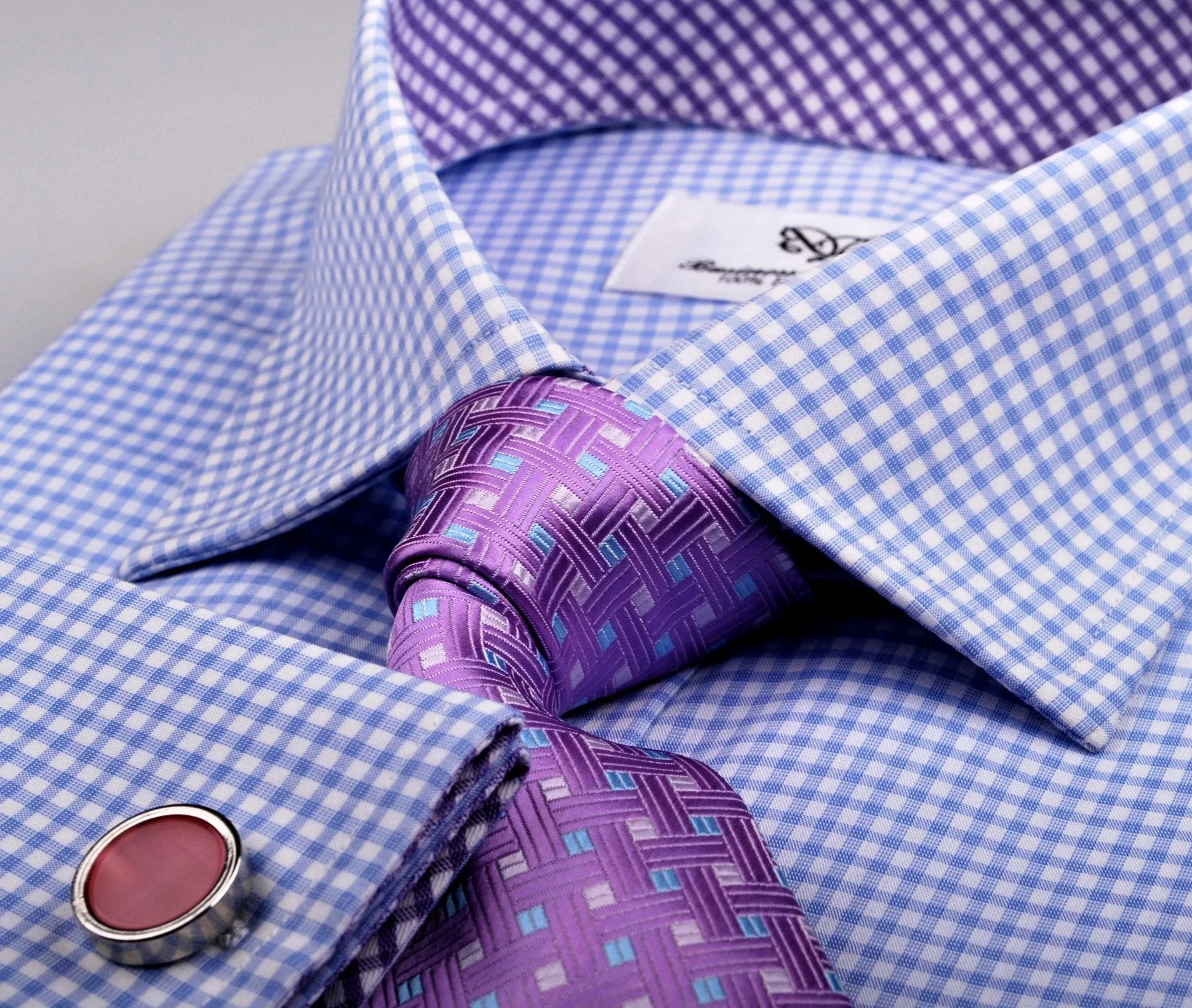 Blue Gingham Check Formal Business Dress Shirt Purple Diagonal Fashion