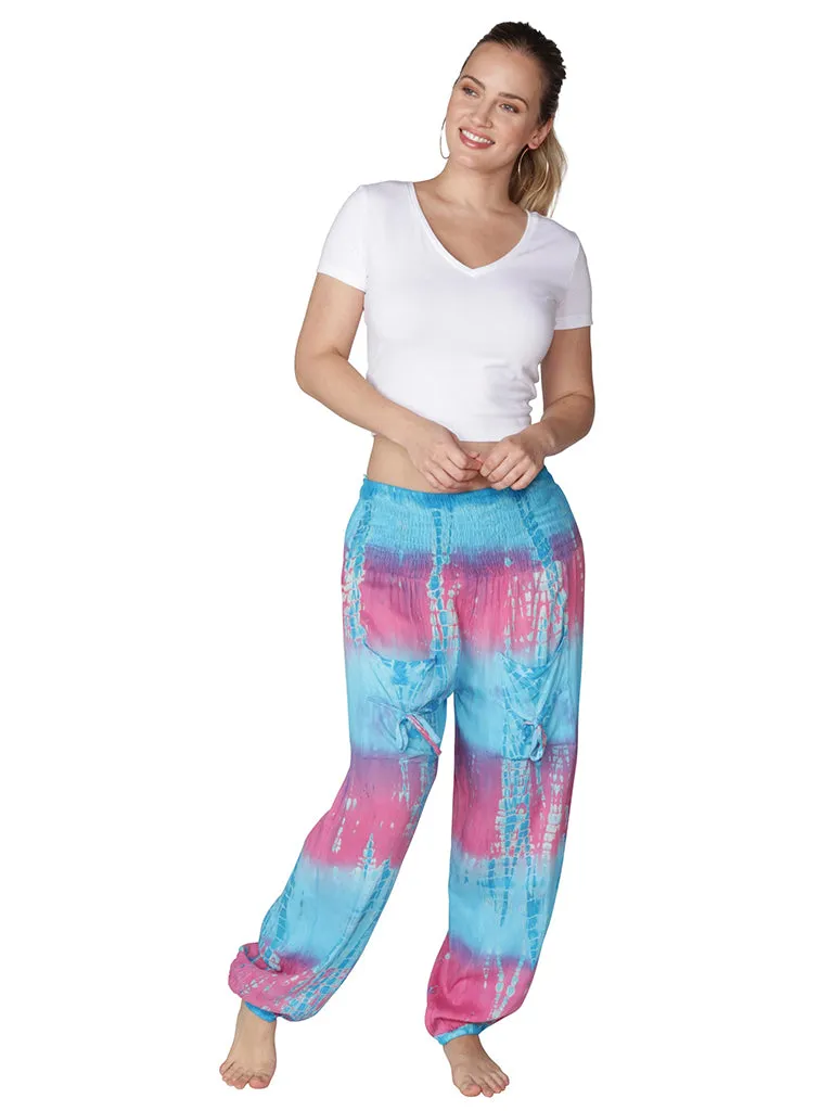 Brightly tie-dyed and printed smocked on top harem pant