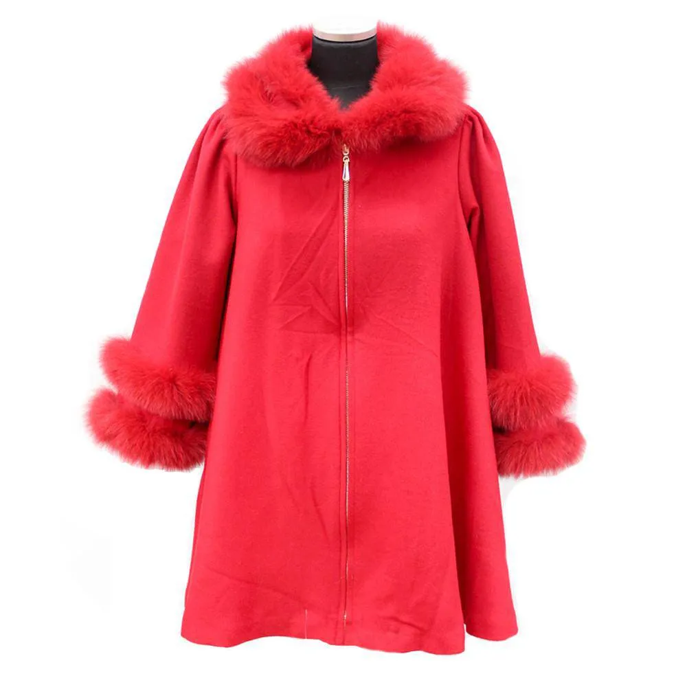 Coat with Fox Fur Collar and Fur Trim Sleeves - Red