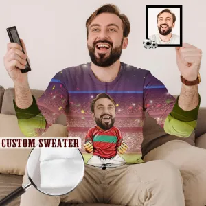 Custom Face Round Neck Sweater for Men World Cup Soccer Football Long Sleeve Lightweight Sweater Tops Photo Ugly Sweater