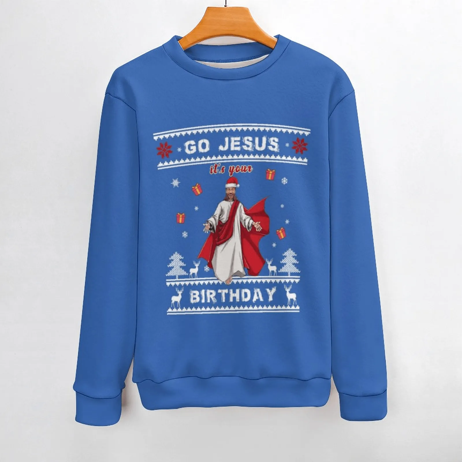 Custom Face Ugly Sweater Go Jesus Round Neck Sweater for Christmas Long Sleeve Lightweight Sweater Tops