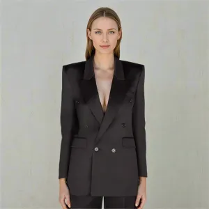 Elegant Patchwork Button Solid Blazers For Women Notched Collar Long Sleeve Spliced Pockets Minimalist Slimming Coat Female