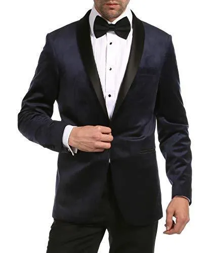 Enzo Navy Velvet Slim Fit Shawl Lapel Tuxedo Men's Blazer