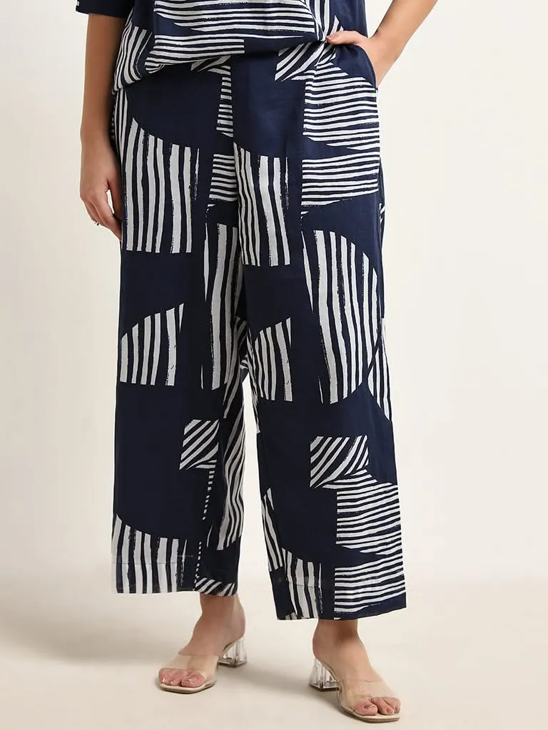 Gia Navy Abstract Design High-Rise Cotton Pants