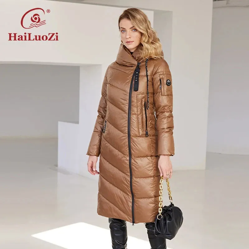 HaiLuoZi 2024 New Women's Winter Jacket Long Warm Windproof Hooded Zipper Quilted Casual Slim Cotton Lady Parkas Women Coat 6055