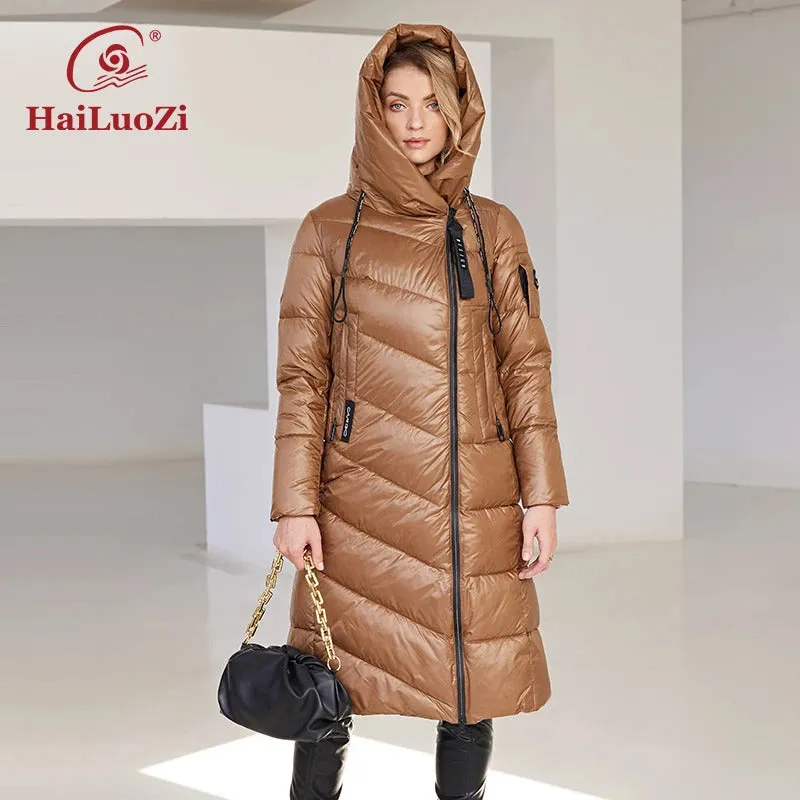 HaiLuoZi 2024 New Women's Winter Jacket Long Warm Windproof Hooded Zipper Quilted Casual Slim Cotton Lady Parkas Women Coat 6055