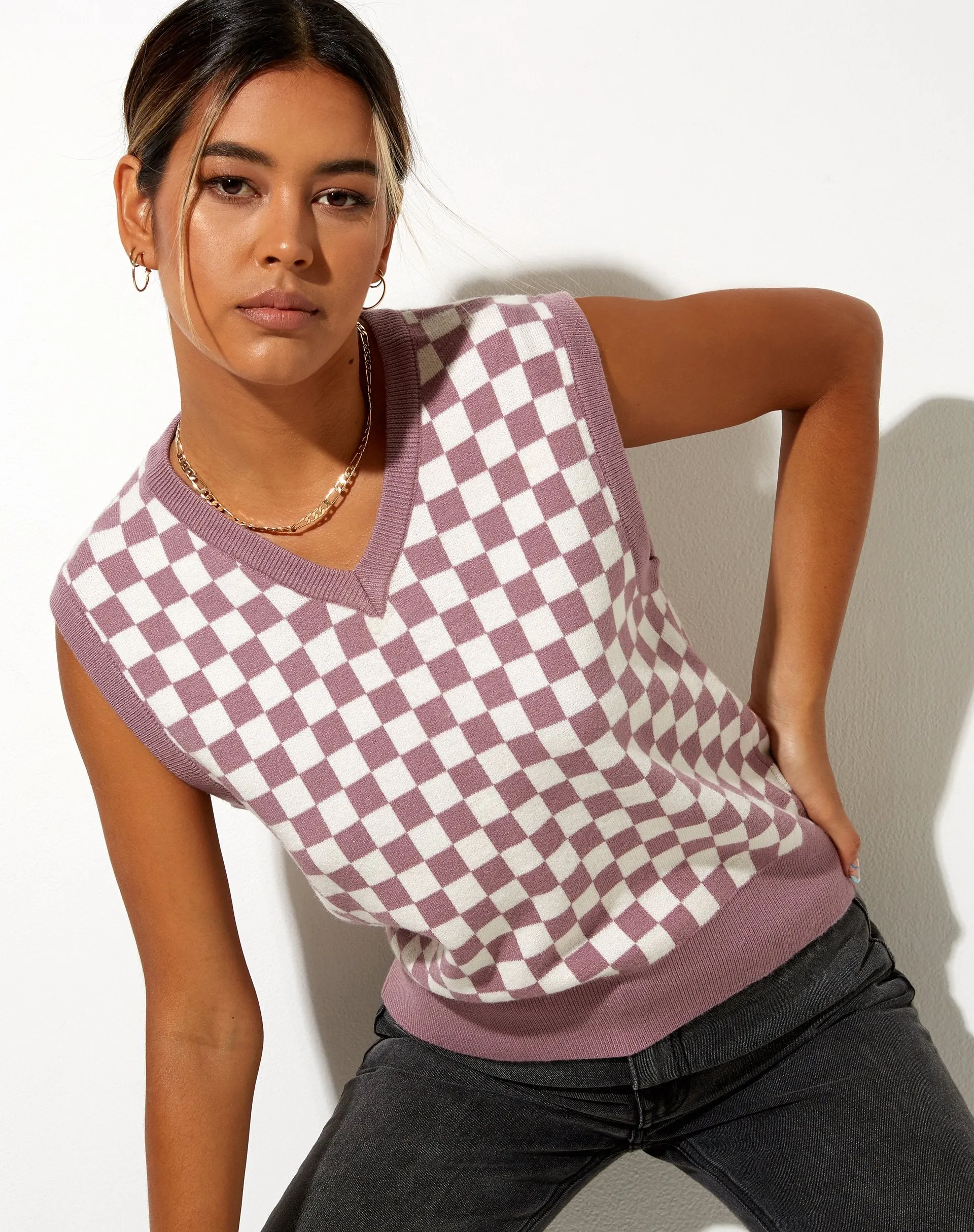 Joker Vest Top in Knit Check Lilac Cream