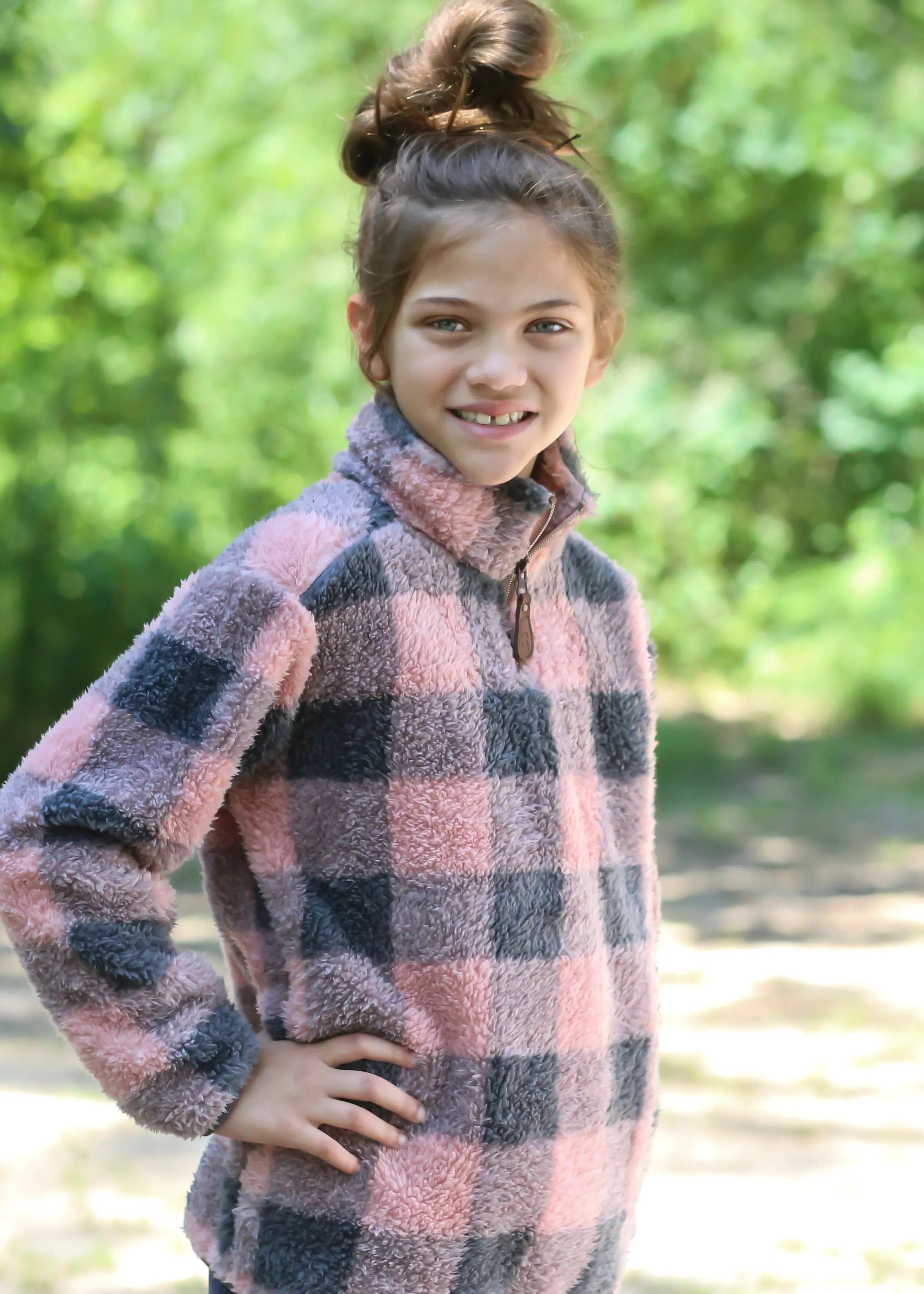 KIDS-4588-2 BUFFALO PLAID SHERPA INDI PINK/DK. MEL GREY