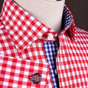 Large Red Gingham Check Formal Business Dress Shirt Blue Contrast Fashion