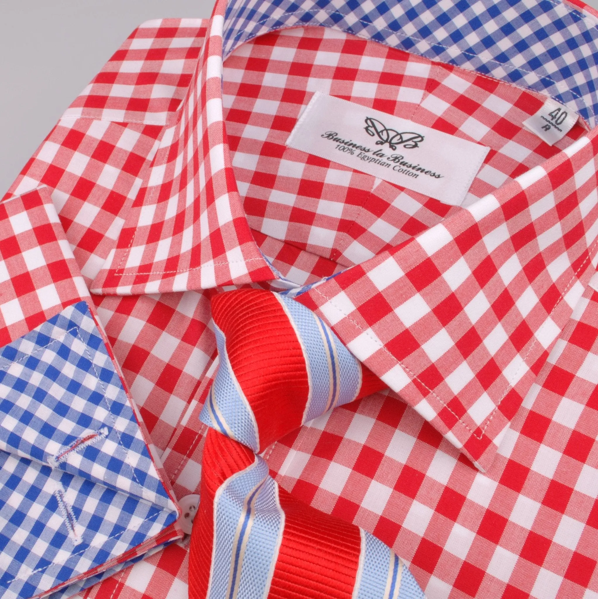 Large Red Gingham Check Formal Business Dress Shirt Blue Contrast Fashion