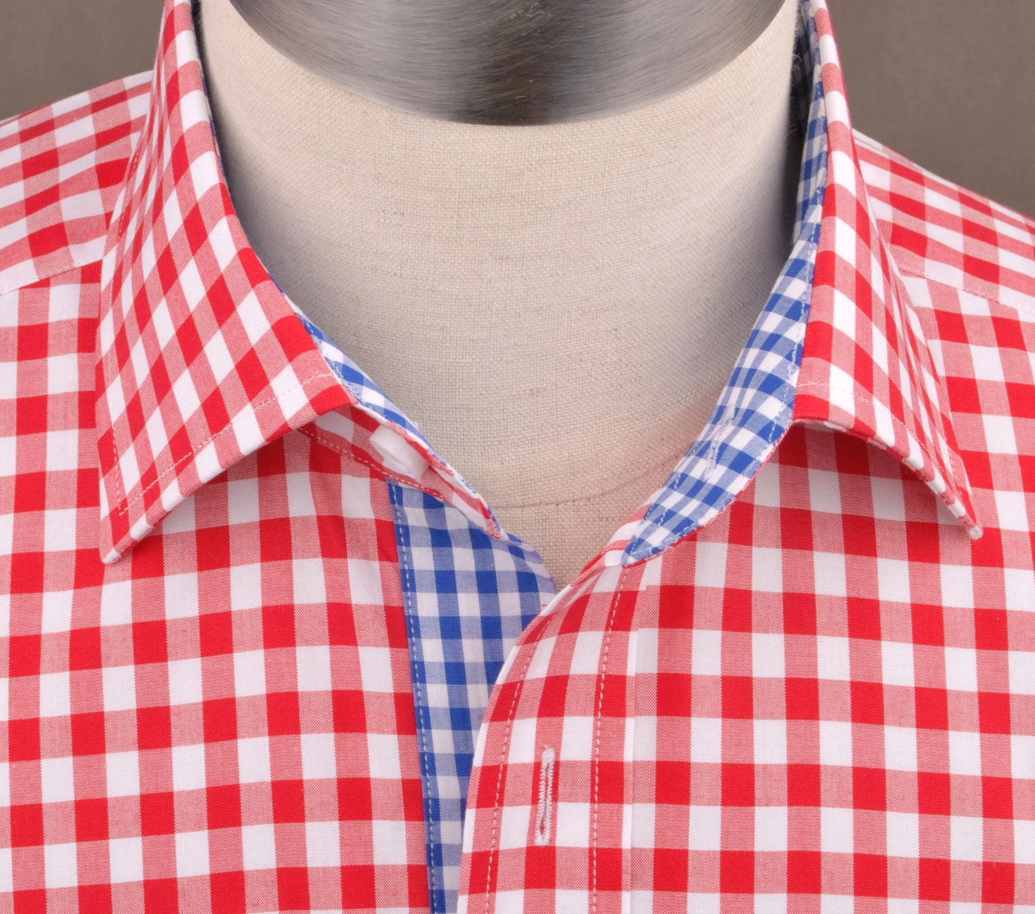 Large Red Gingham Check Formal Business Dress Shirt Blue Contrast Fashion