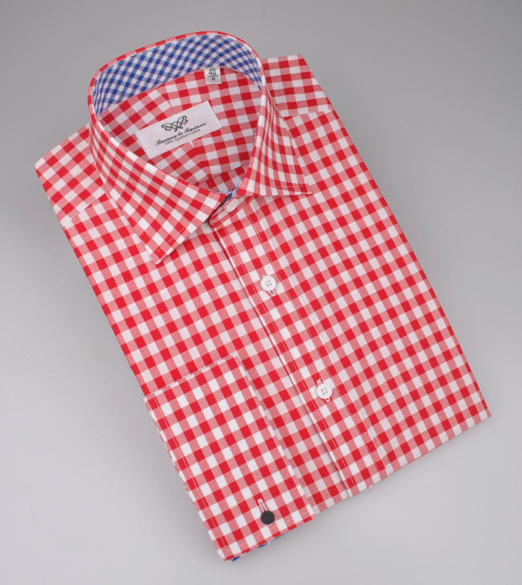 Large Red Gingham Check Formal Business Dress Shirt Blue Contrast Fashion