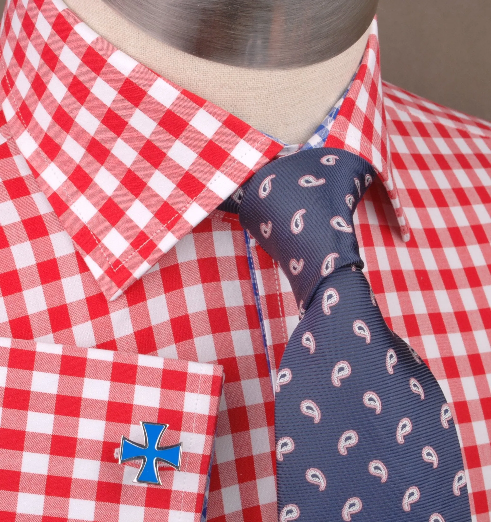 Large Red Gingham Check Formal Business Dress Shirt Blue Contrast Fashion