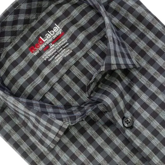 Leo Chevalier Voyage Performance Fitted Black Plaid Dress Shirts