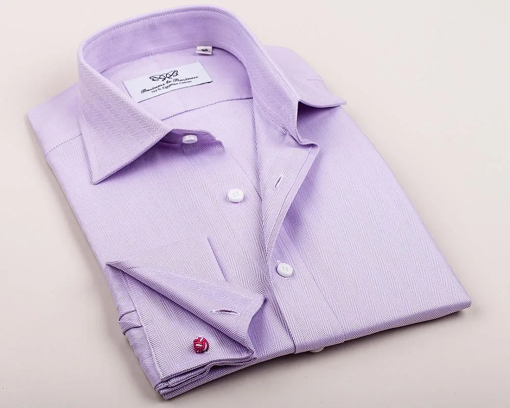 Lilac Herringbone Formal Business Dress Shirt in French Double Cuffs