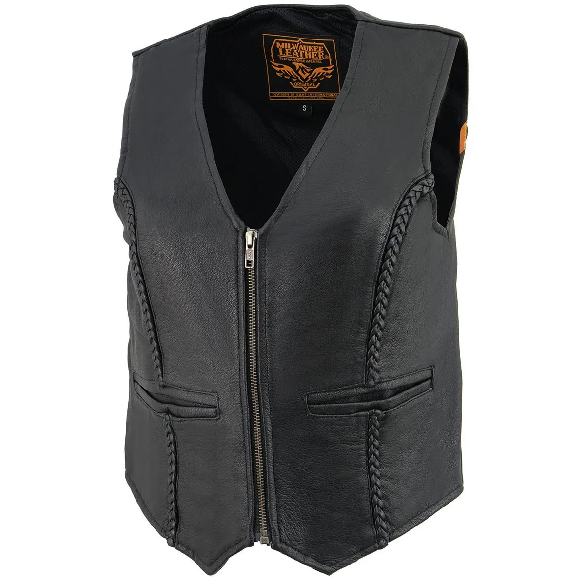 Milwaukee Leather MLL4550 Women's Black Naked Leather Classic Braided Deep V-Neck Motorcycle Rider Vest W/Front Zip