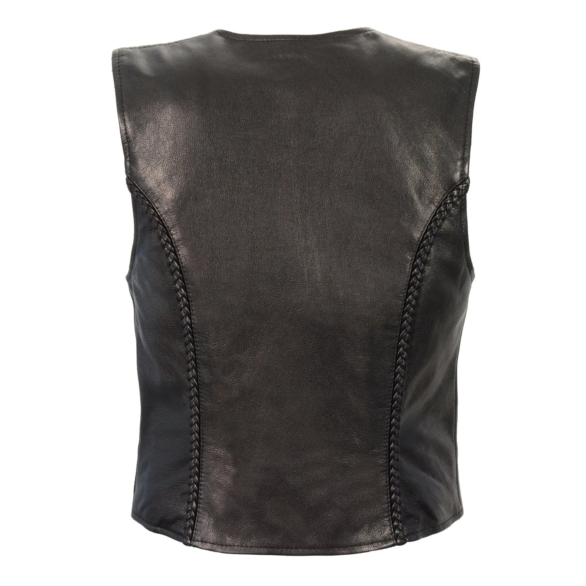 Milwaukee Leather MLL4550 Women's Black Naked Leather Classic Braided Deep V-Neck Motorcycle Rider Vest W/Front Zip