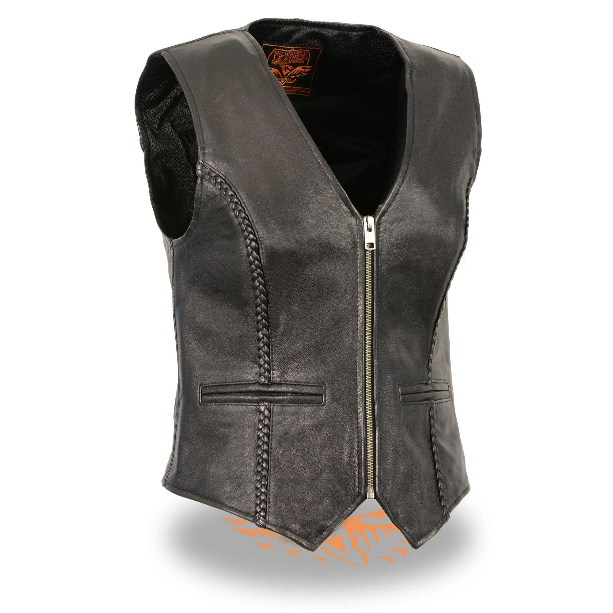 Milwaukee Leather MLL4550 Women's Black Naked Leather Classic Braided Deep V-Neck Motorcycle Rider Vest W/Front Zip