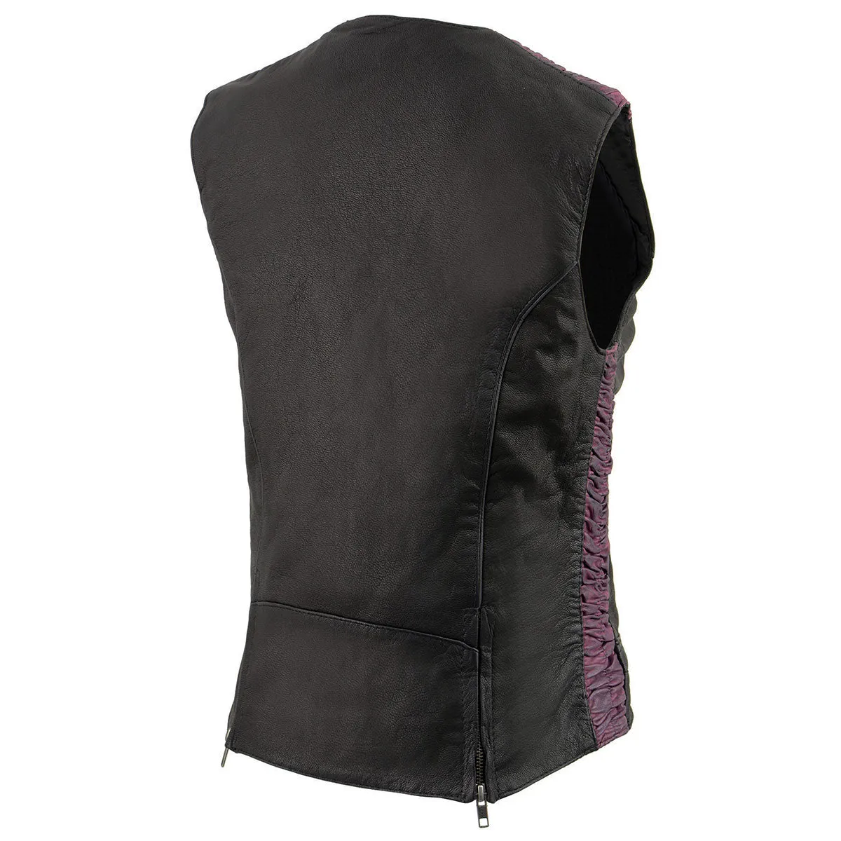 Milwaukee Leather MLL4571 Women's Black and Pink Lightweight Motorcycle Leather Vest w/ Crinkled Leather Design