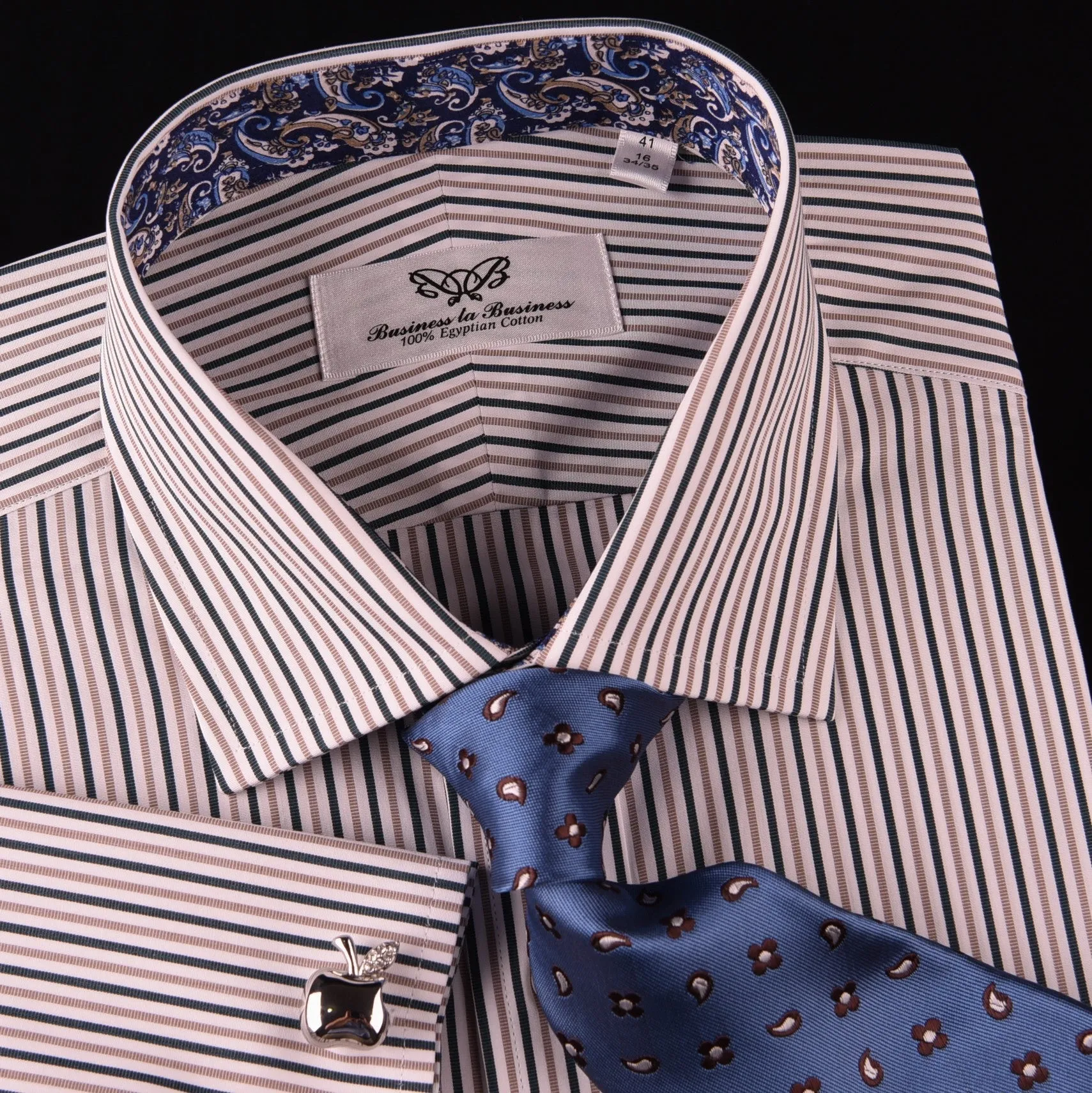 Navy Brown Oxford Striped Formal Dress Shirt Baroque Paisley Lavish Italian Boss in French Cuffs with Spread Collar