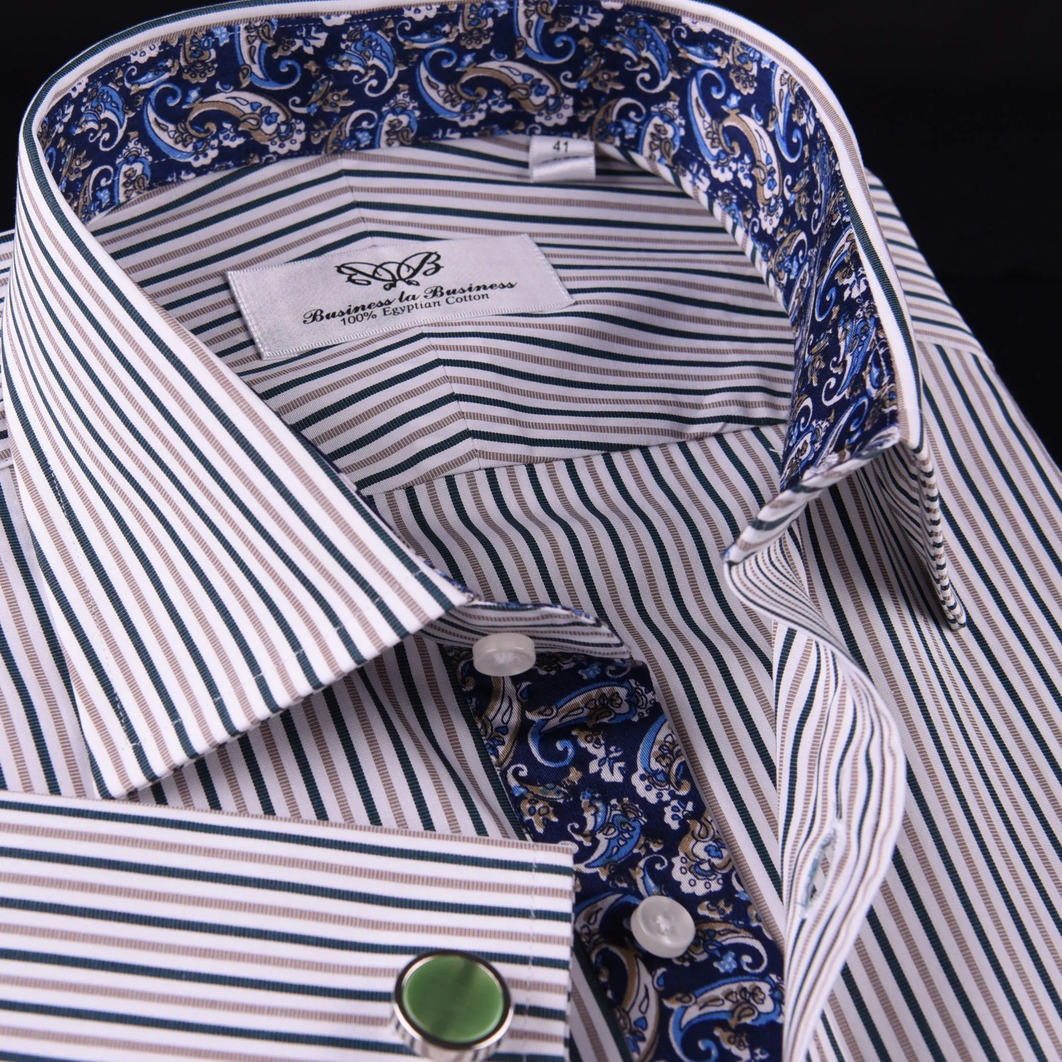 Navy Brown Oxford Striped Formal Dress Shirt Baroque Paisley Lavish Italian Boss in French Cuffs with Spread Collar