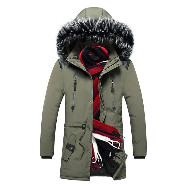 New Men Winter Long Warm Thick Jacket Coat Windproof Fur Collar Outdoor Pocket Parkas