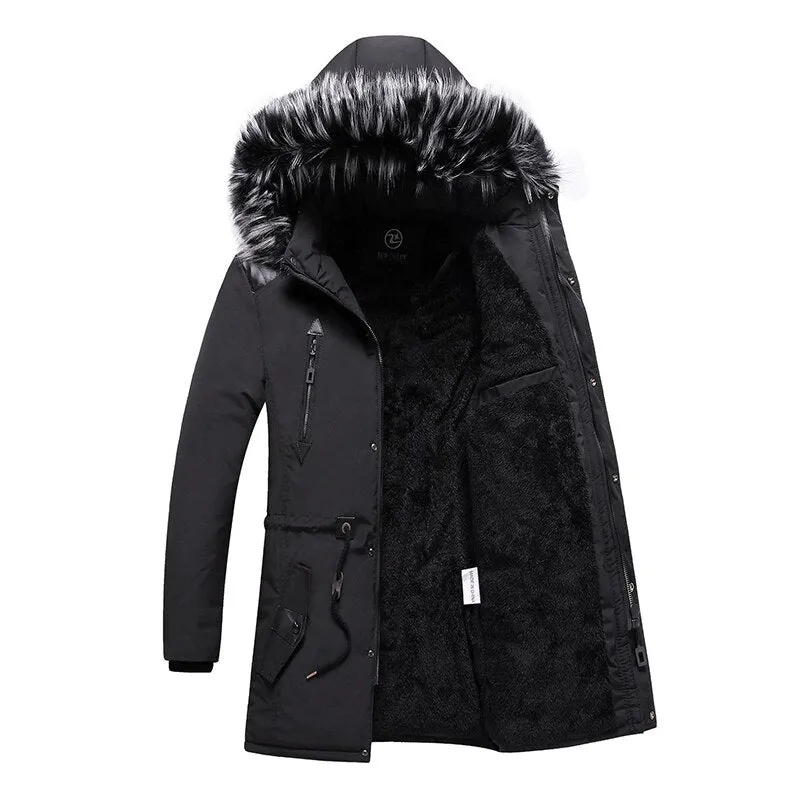 New Men Winter Long Warm Thick Jacket Coat Windproof Fur Collar Outdoor Pocket Parkas