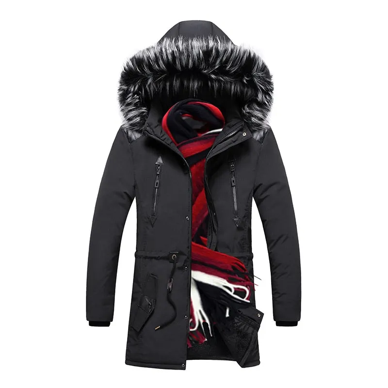 New Men Winter Long Warm Thick Jacket Coat Windproof Fur Collar Outdoor Pocket Parkas