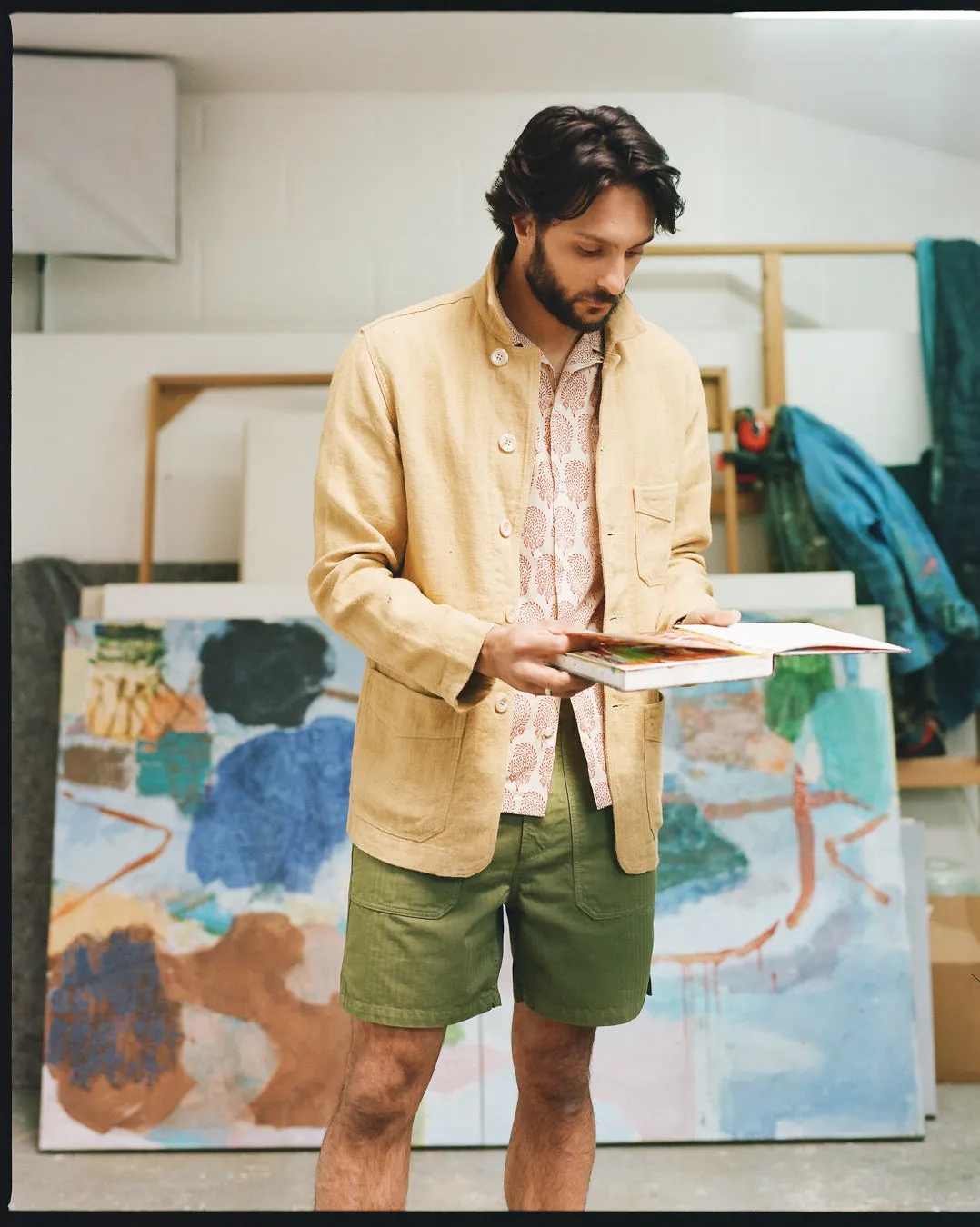 Olive Herringbone Cotton Fatigue Shorts