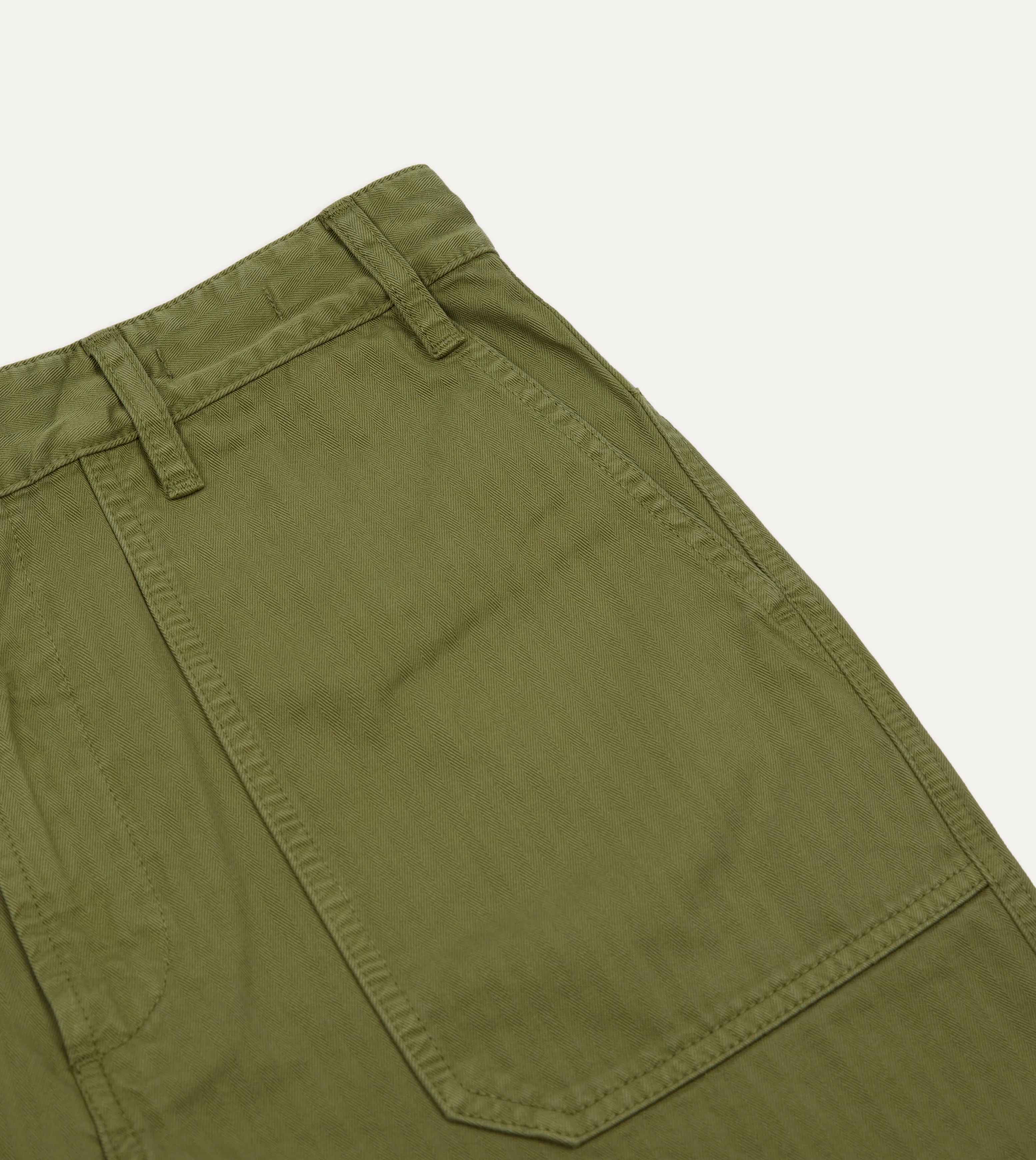 Olive Herringbone Cotton Fatigue Shorts