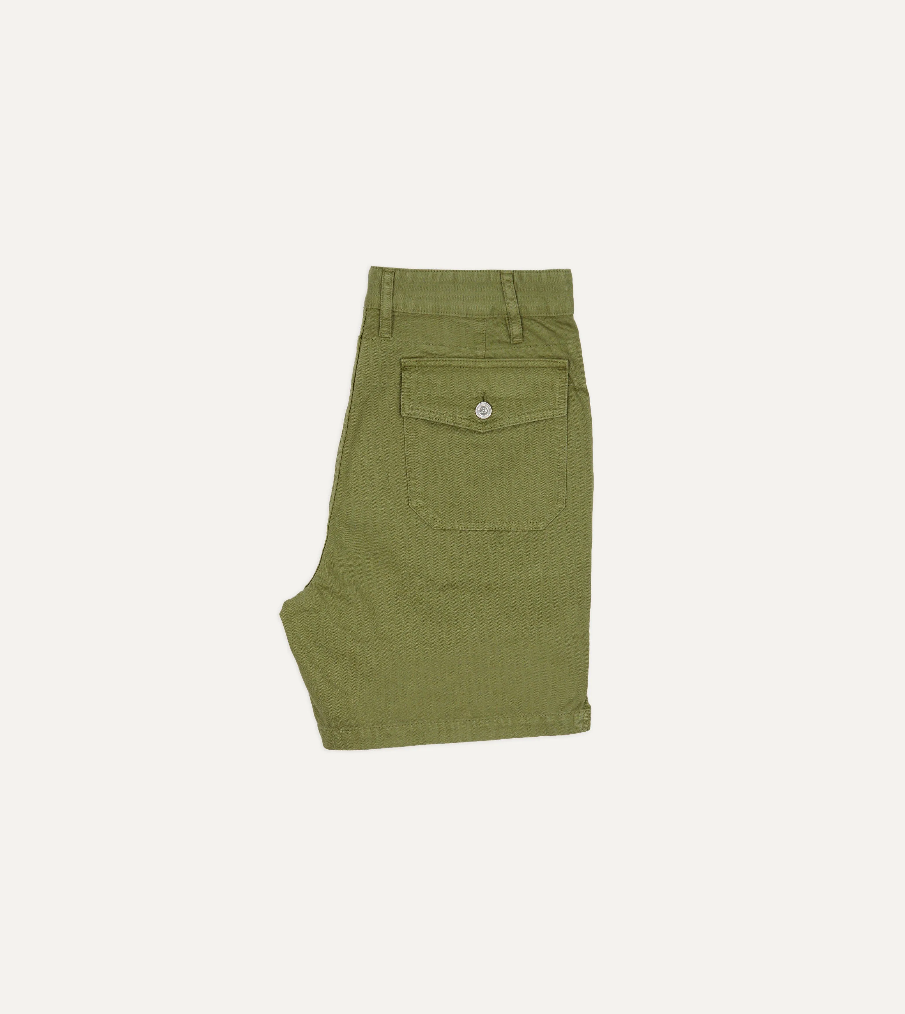 Olive Herringbone Cotton Fatigue Shorts